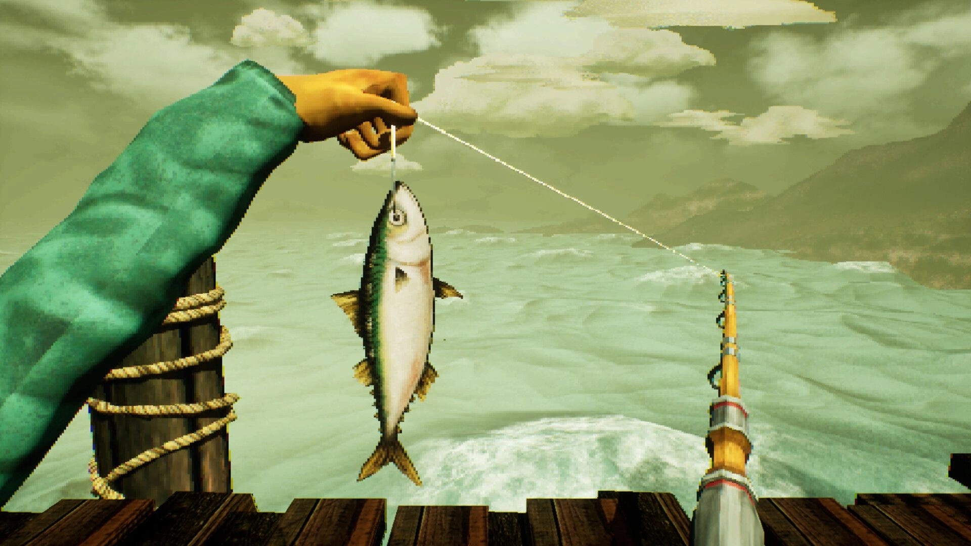 Hookeye: First-person hand holding a hooked fish above choppy sea from a wooden dock under clouds.