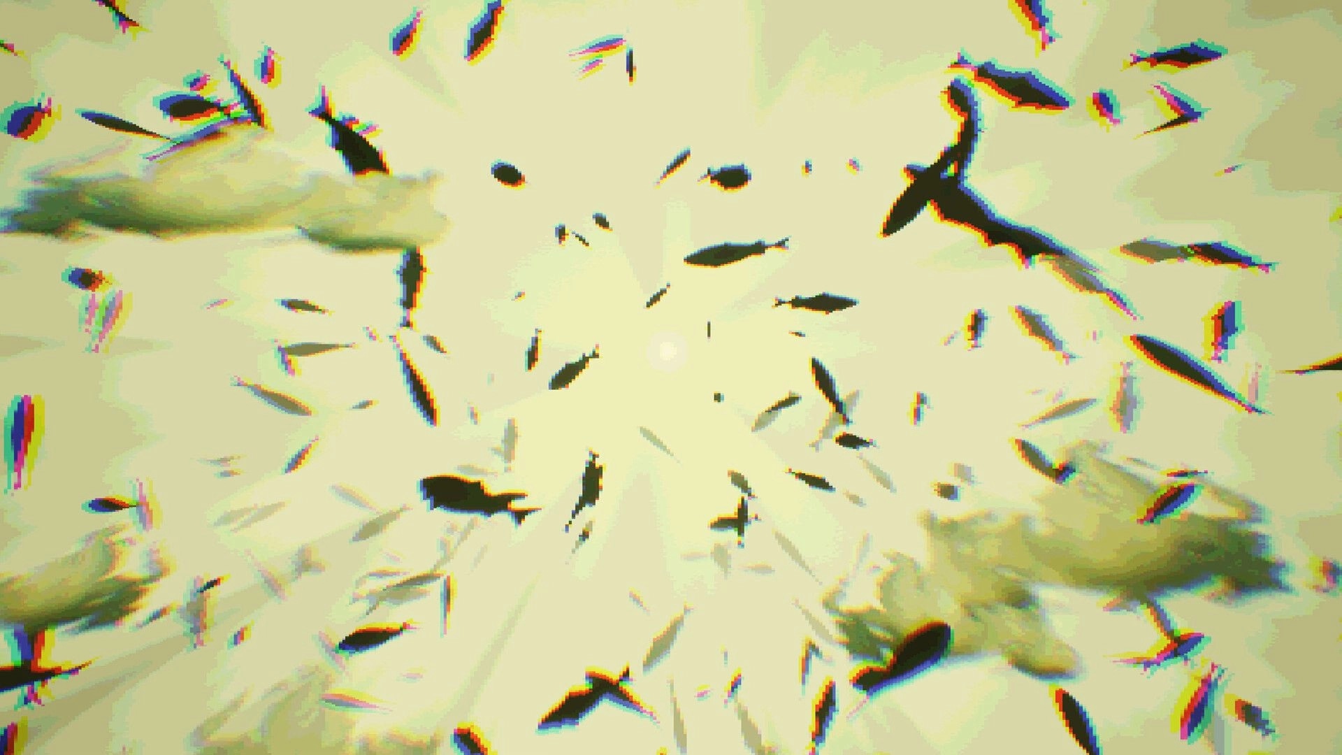 Hookeye: Swirling school of fish silhouettes around a bright glare in murky, distorted water.