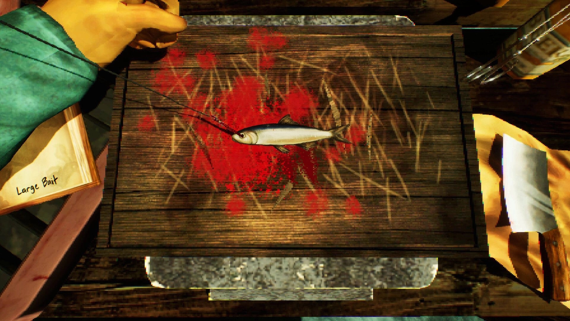 Hookeye: Hooked fish on a scratched cutting board with blood splatter, Large Bait label on dock table.