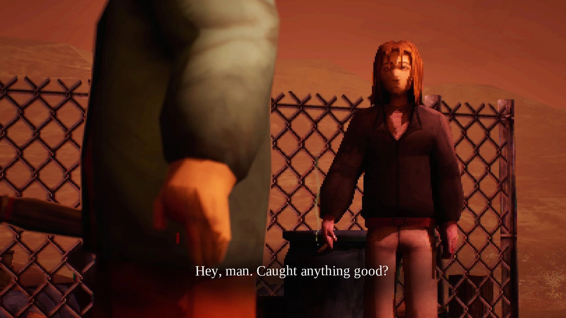 Hookeye: Dialogue scene with long-haired man by chain-link fence at dusk, subtitle text displayed.