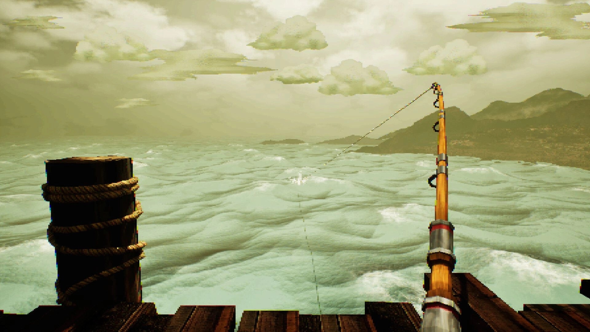 Hookeye: First-person fishing rod cast into choppy sea from wooden dock under cloudy sky.