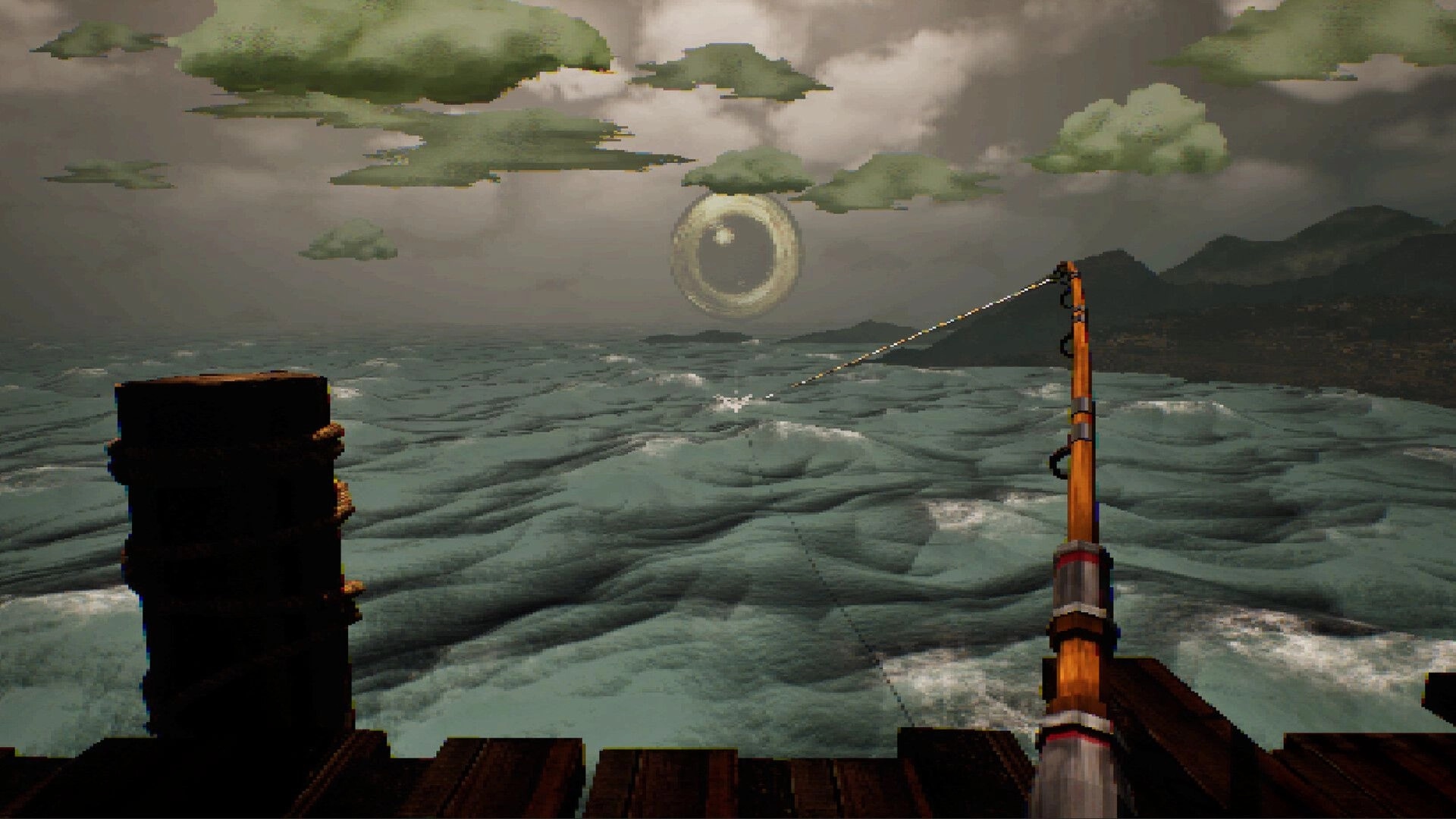 Hookeye: First-person fishing rod cast into choppy sea from a dock under a cloudy sky with a giant eye.