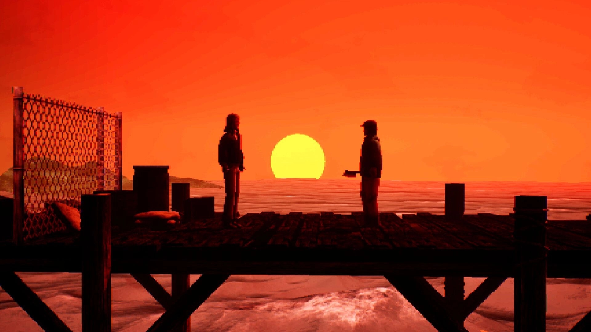Hookeye: Two silhouetted figures face each other on a wooden pier at red sunset over sea.
