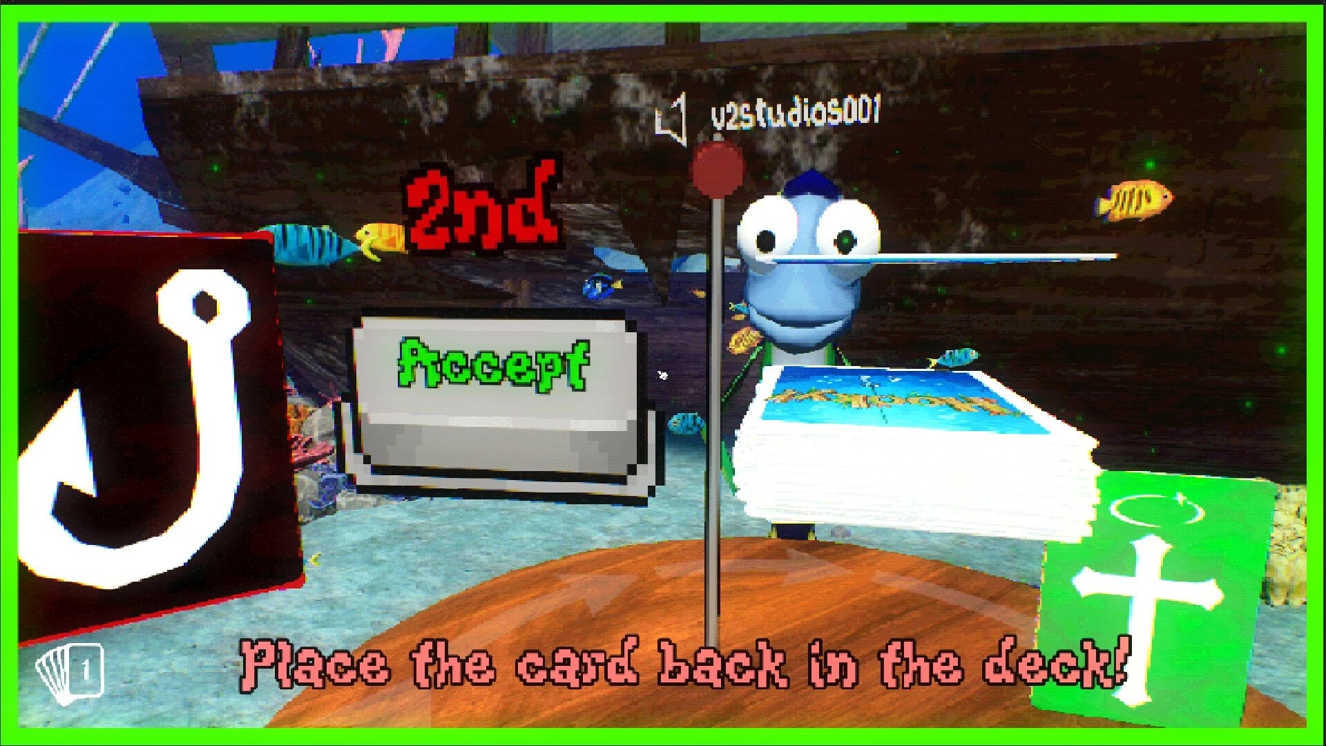 Hooky: Accept prompt with hook card and deck stack on table in underwater cave with fish UI text.