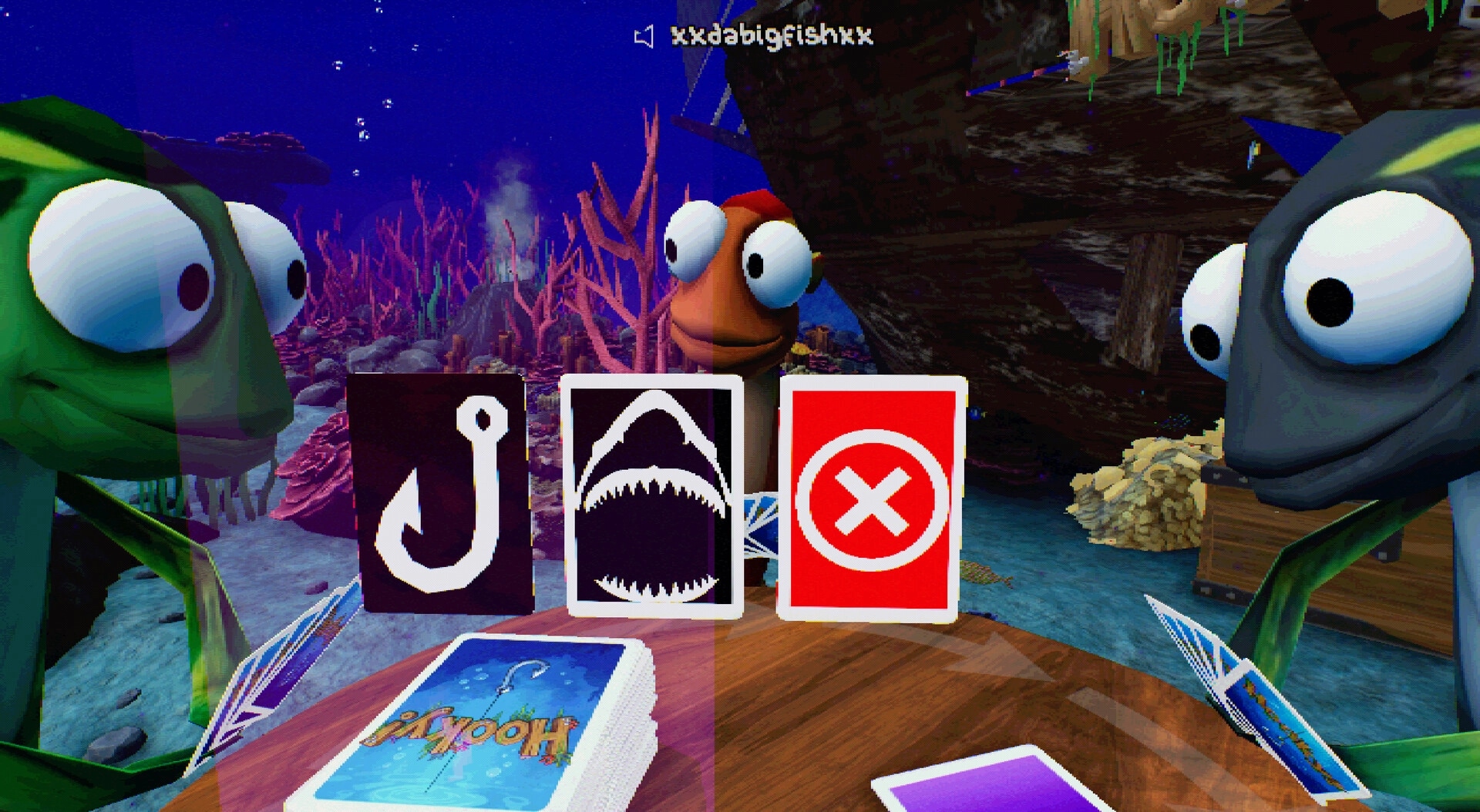 Hooky: Three fish players face cards with hook, shark, and cancel icons at an underwater table.