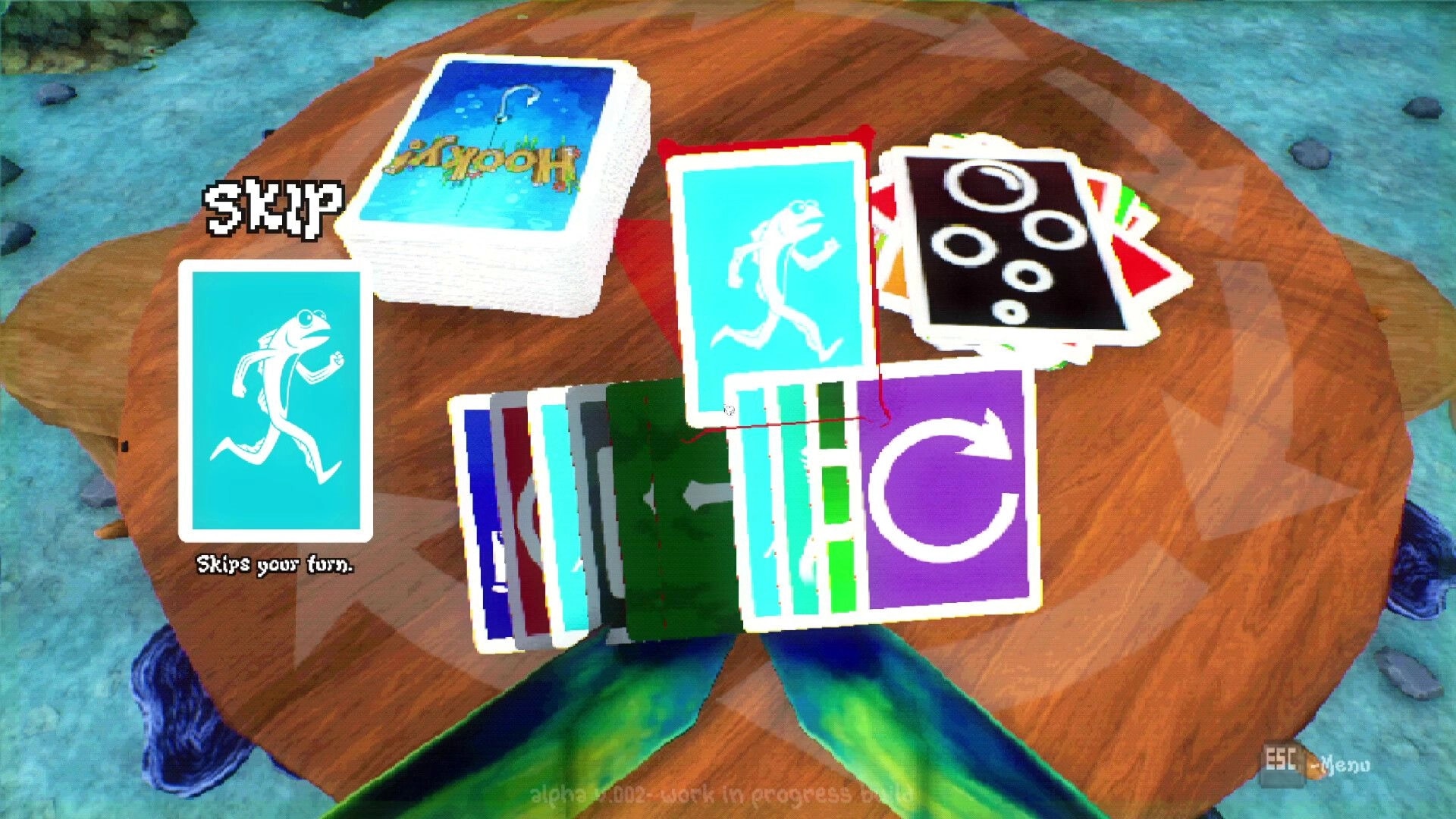 Hooky: Skip card highlighted beside deck and hand on wooden table in underwater card game UI.