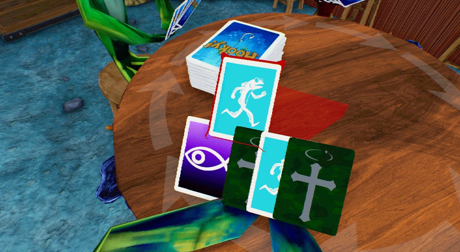 Hooky: Cards with fish icons and a deck on a wooden table in an underwater card match scene.