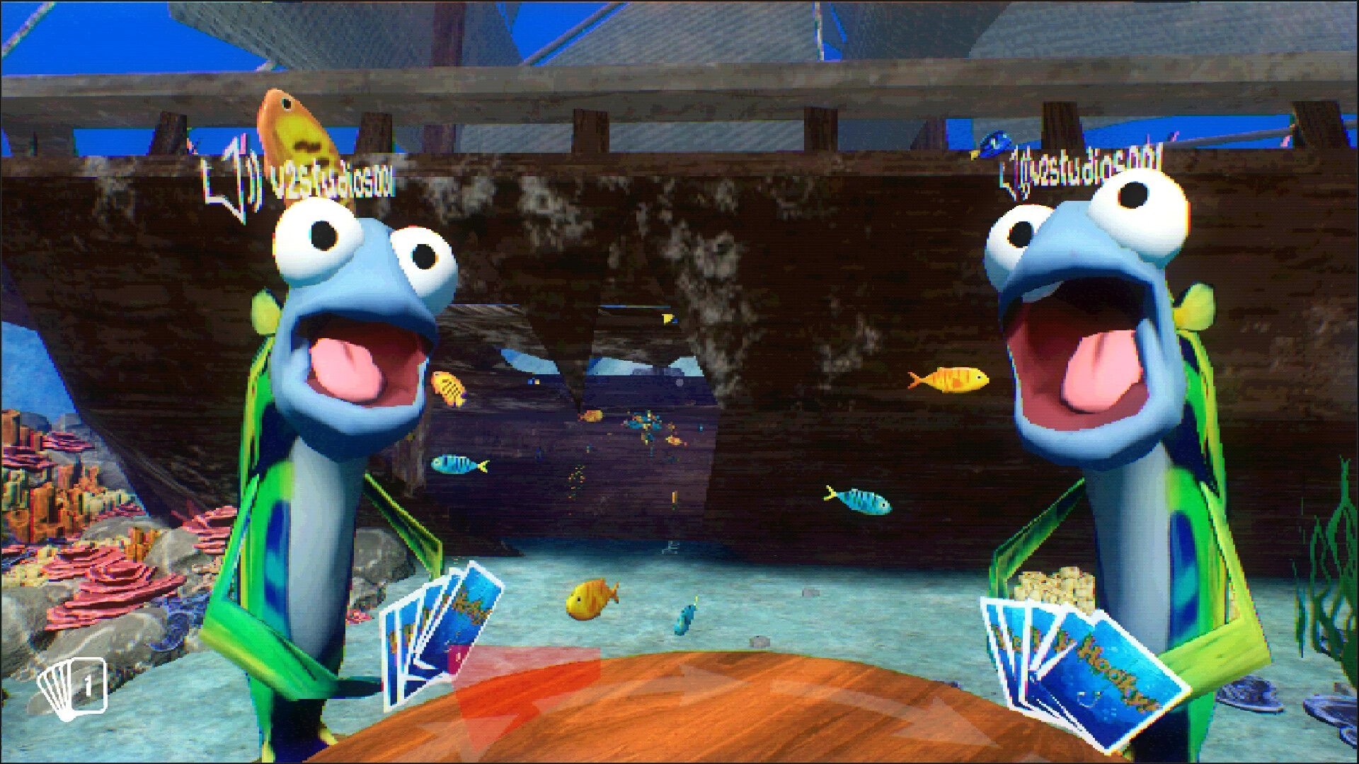 Hooky: Two goofy fish avatars hold card hands underwater beside a sunken wooden shipwreck scene.