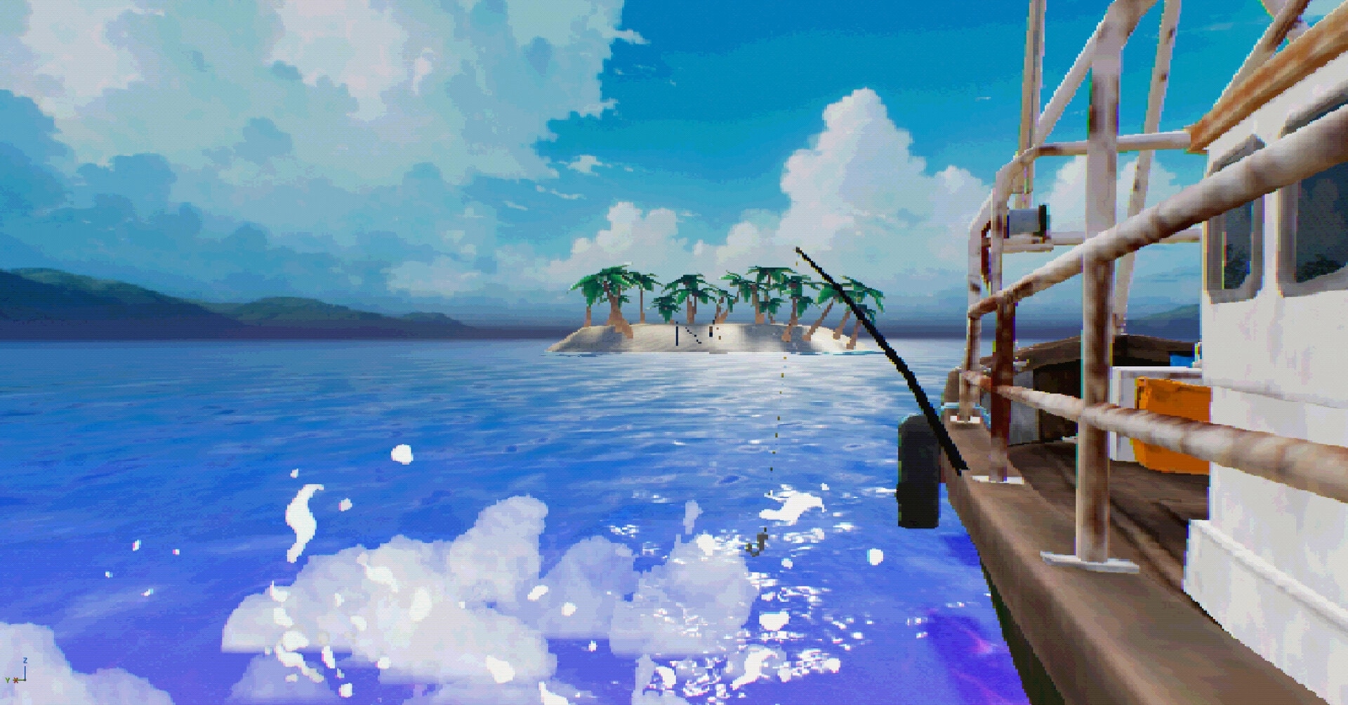 Hooky: First-person fishing line cast from a boat deck toward a palm island across bright ocean.