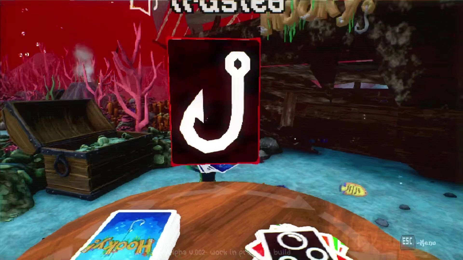 Hooky: Large hook card drawn over a table with deck and UNO-like cards in coral cave pool.