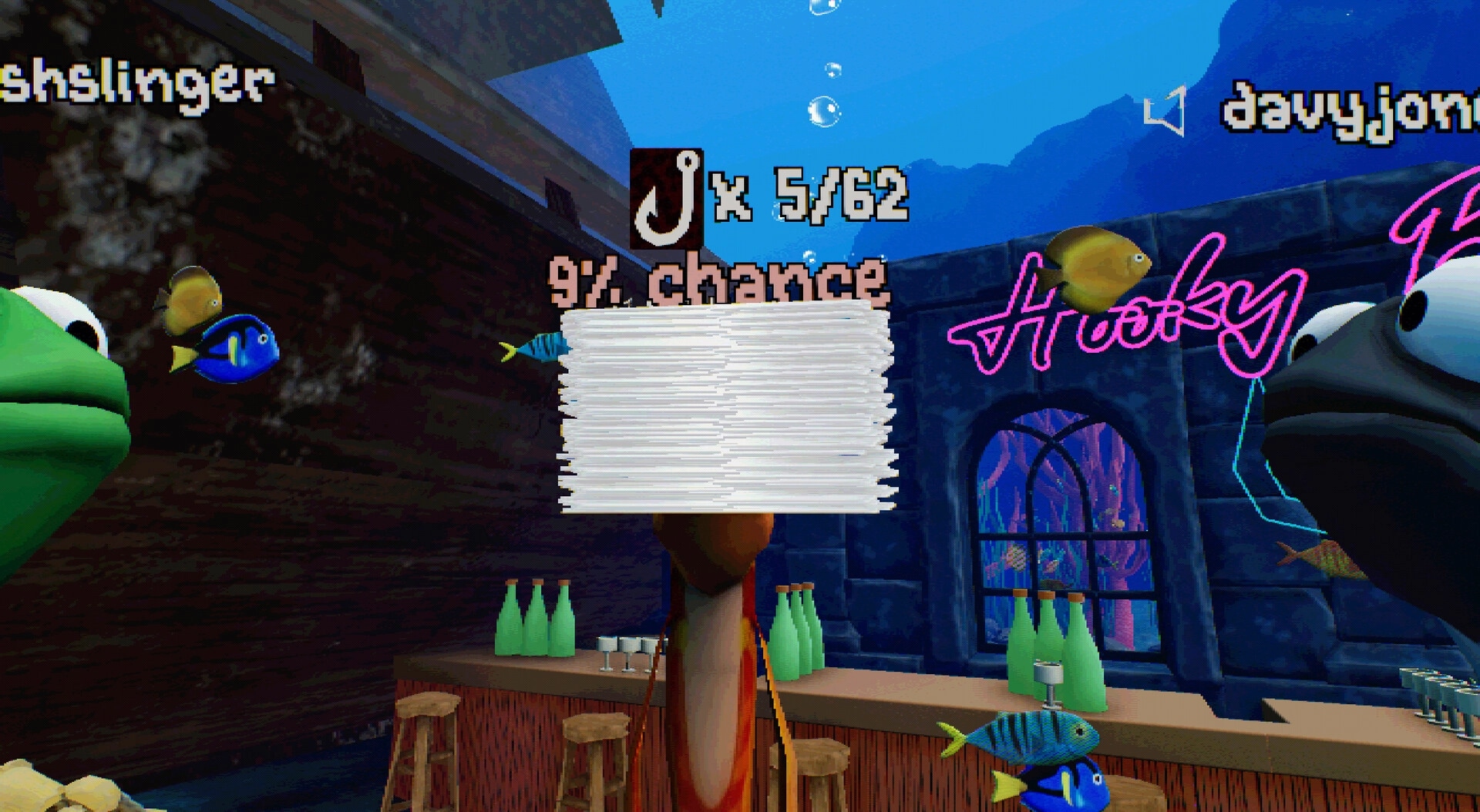 Hooky: Hook draw UI reads 5/62 and 9% chance above fish avatars in an underwater bar setting.