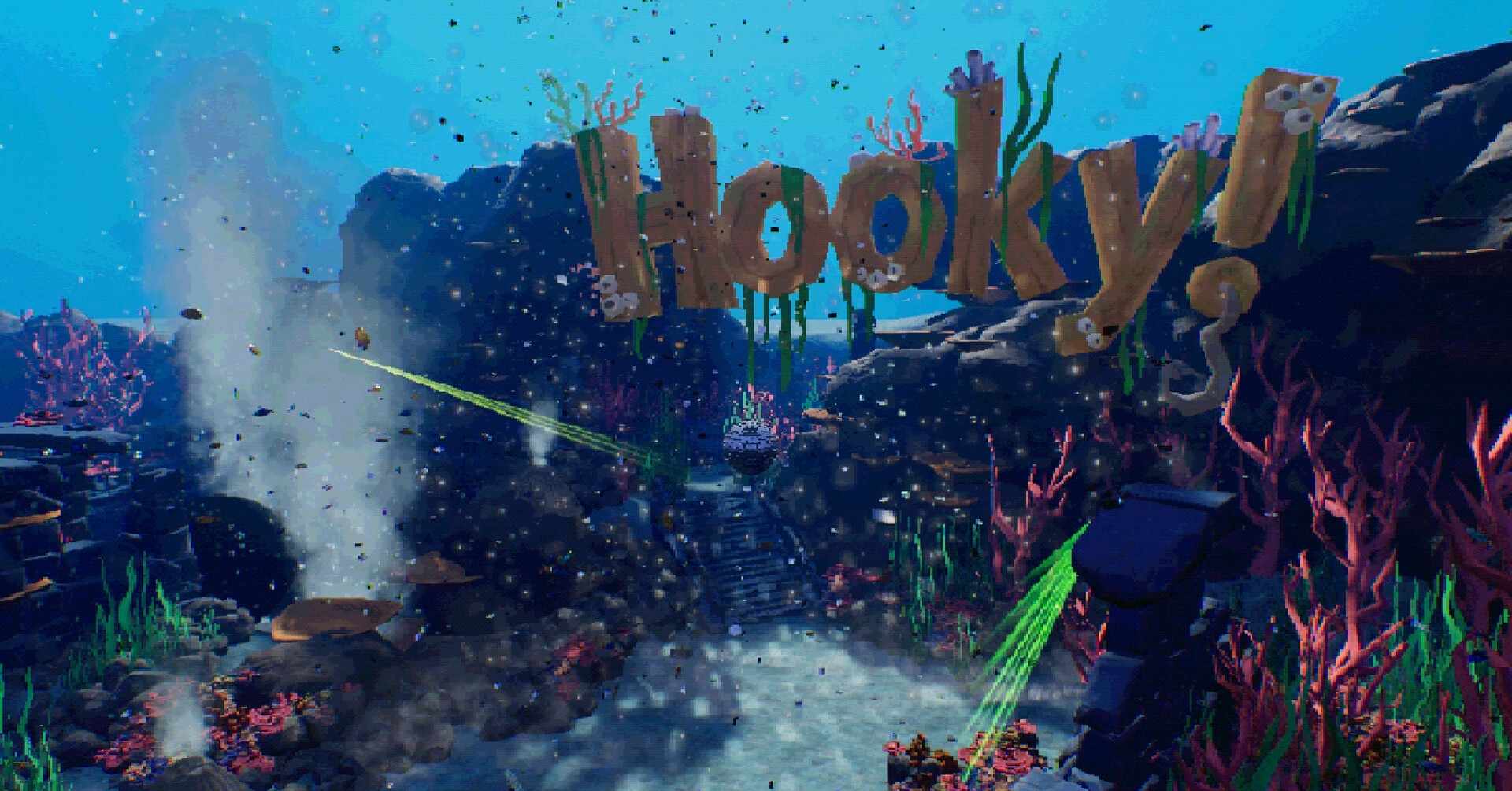 Hooky: Underwater title screen with Hooky logo over coral reef rocks, bubbles, and seaweed.