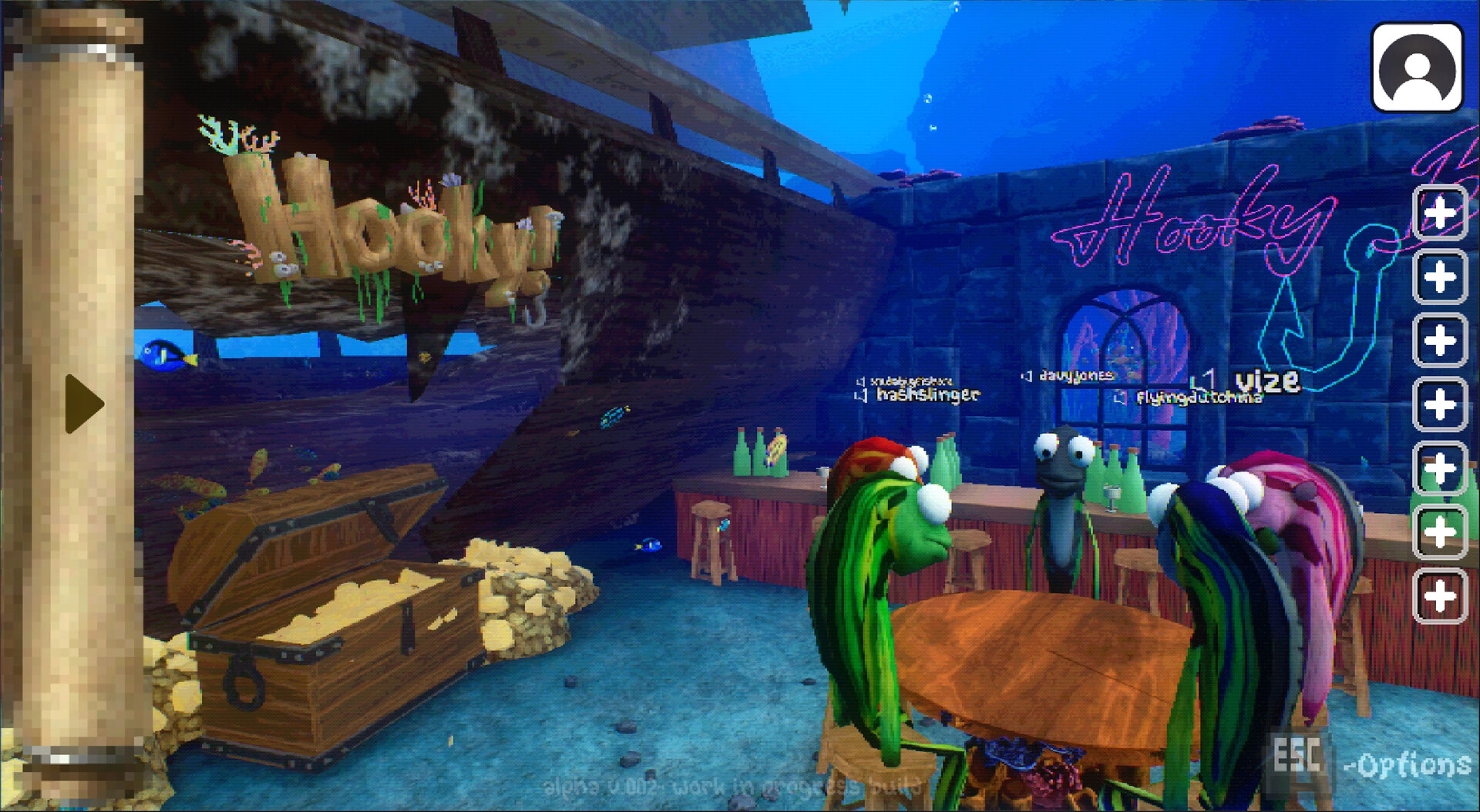 Hooky: Fish players sit at a table in an underwater bar lobby, player list UI and Options visible.