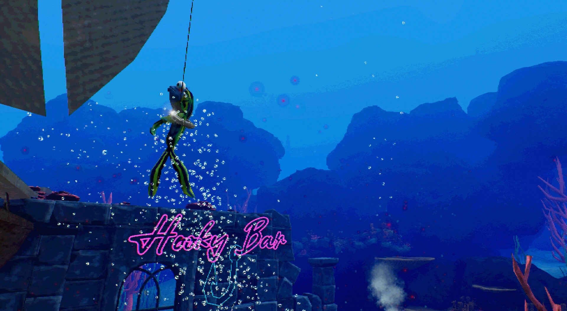 Hooky: Fish avatar hooked and dangling above neon Hooky Bar sign in underwater ruins with bubbles.