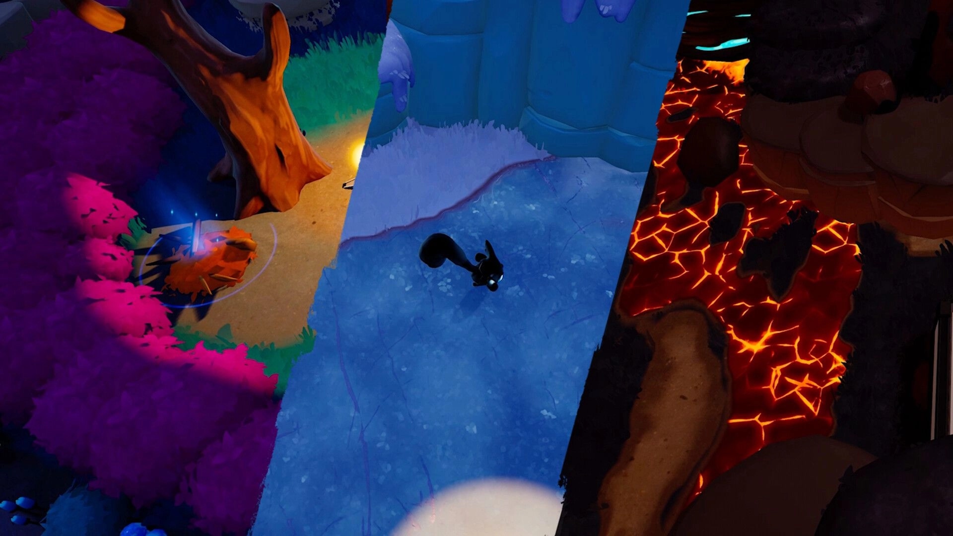 Hoomanz!: Shoo navigating diverse terrains; enchanted forest, icy path, and molten lava landscape.