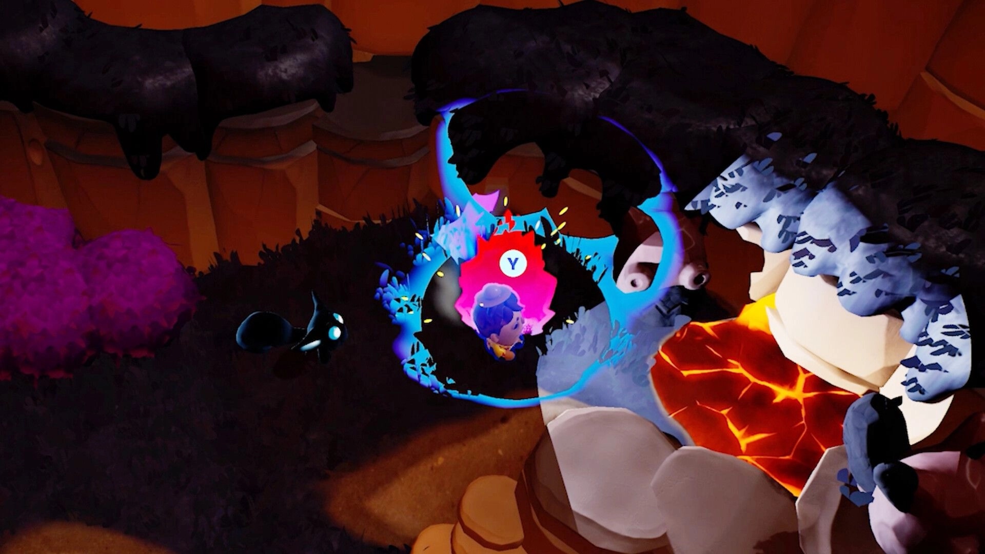 Hoomanz!: Shoo using stealth ability near glowing lava pool surrounded by dark terrain and vibrant foliage.