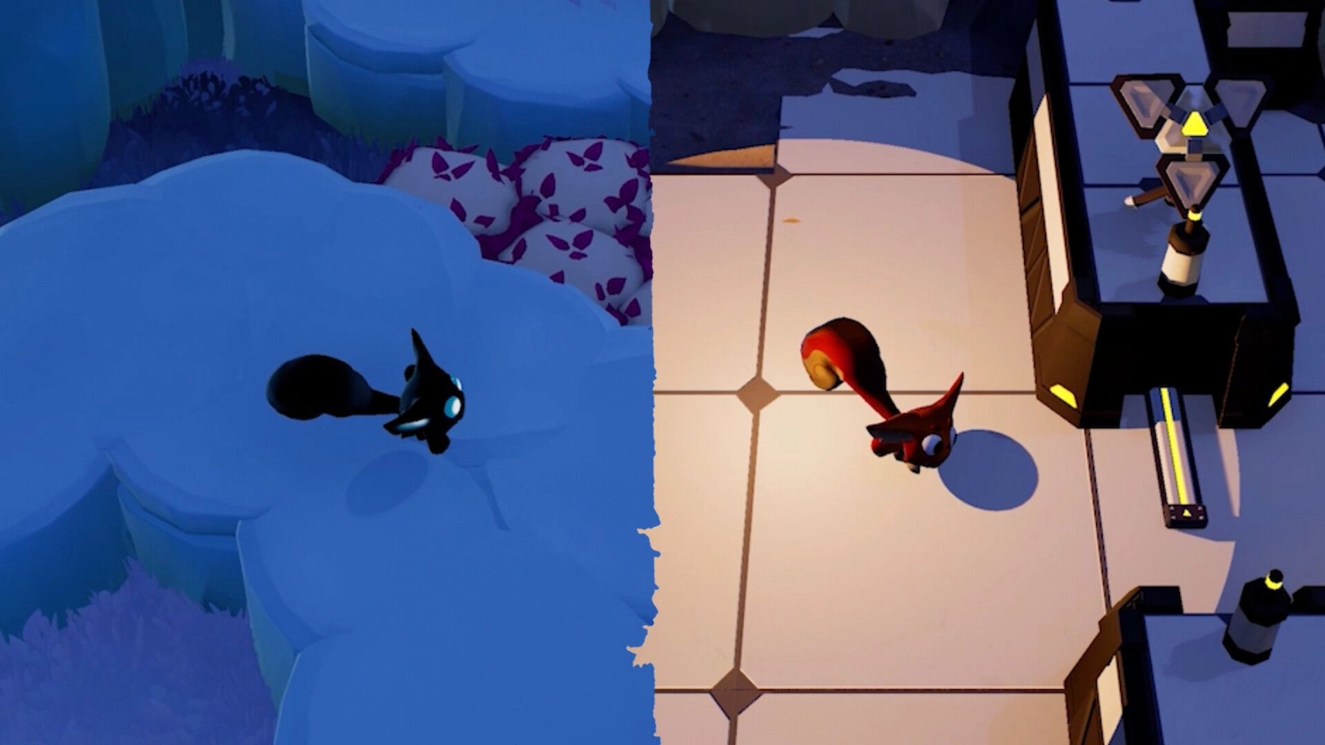 Hoomanz!: Shoo exploring split environments, one icy blue, the other lit with warm tones and machinery.