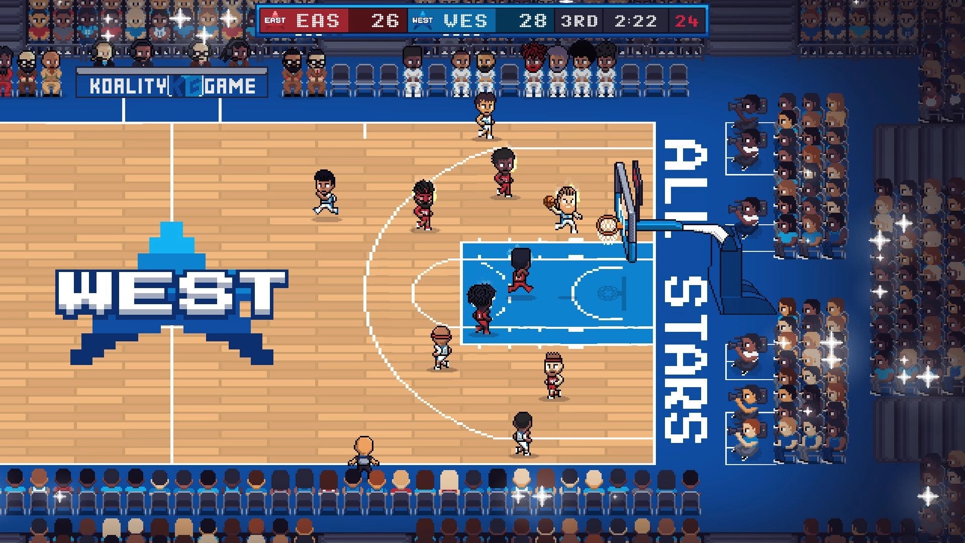 Hoop Land: Pixelated basketball game with players in action on a vibrant court surrounded by crowd