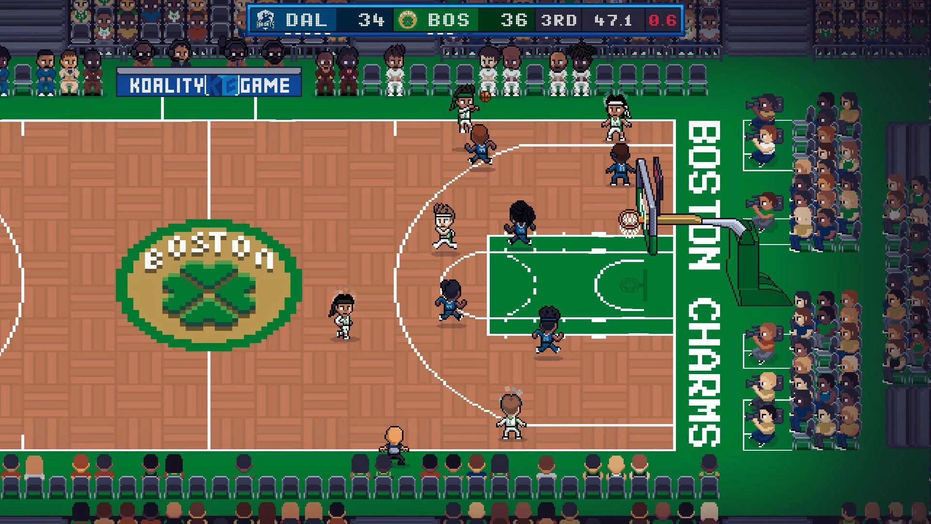 Hoop Land: Pixelated basketball match with team DAL vs BOS on a vibrant court with cheering fans