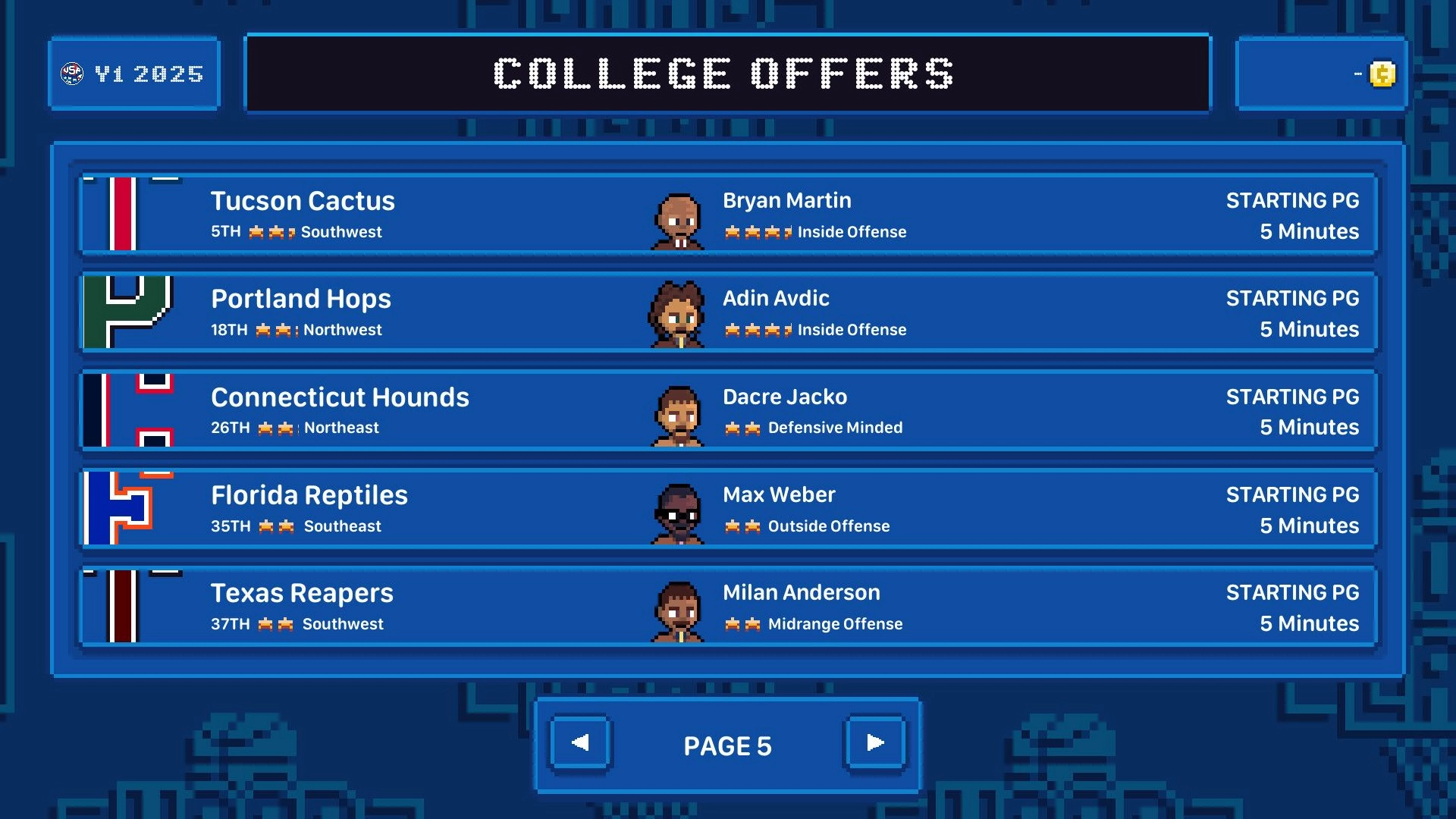 Hoop Land: College offers menu with player names, teams, positions, and regions displayed