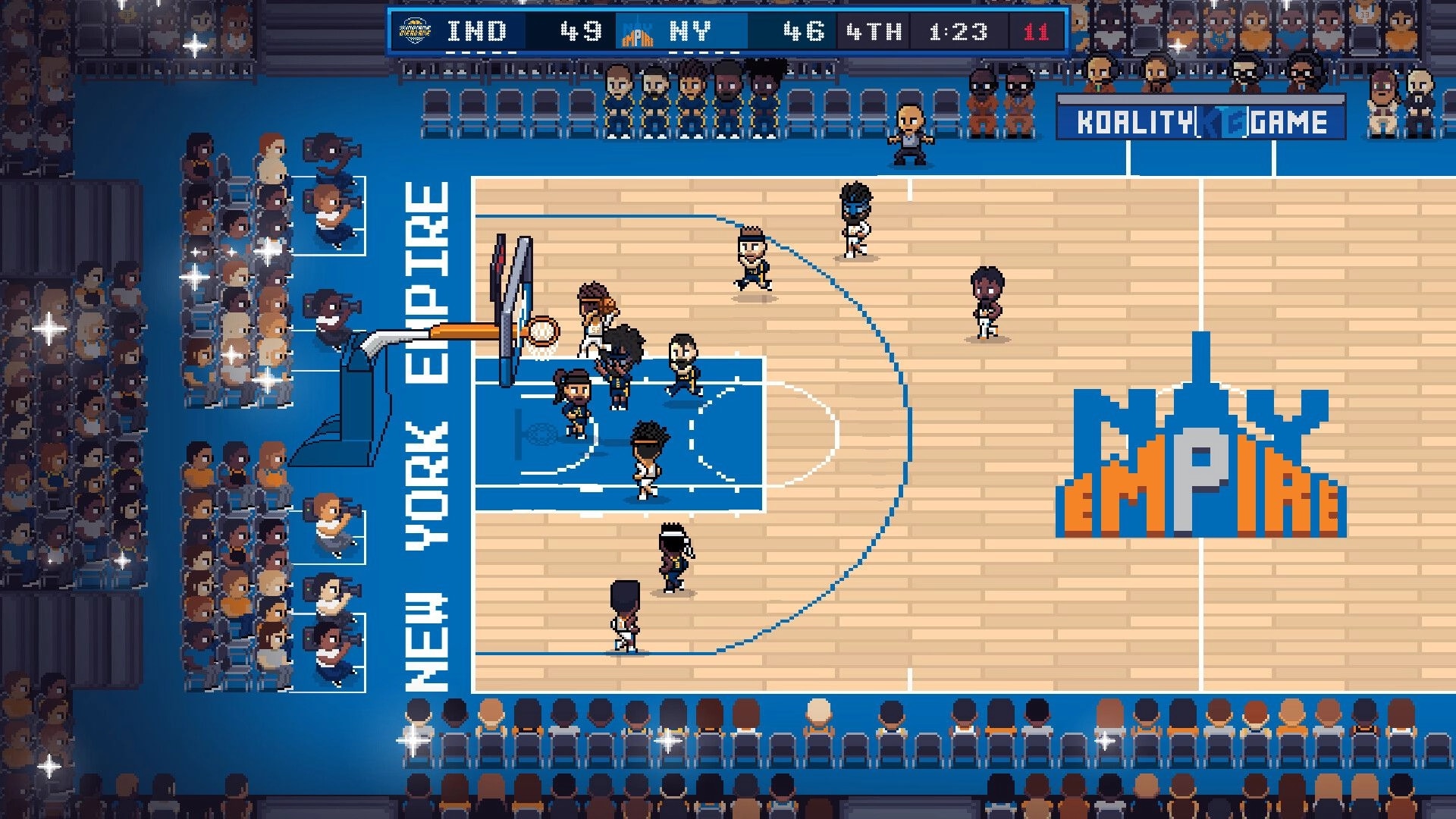Hoop Land: Pixelated basketball game with players on court and scoreboard displaying scores and time