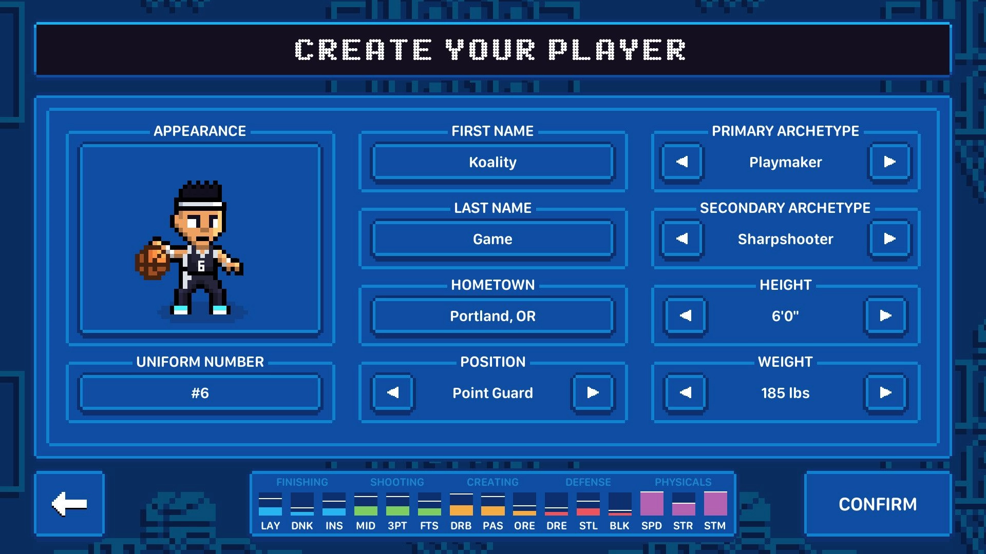 Hoop Land: Player creation screen with character customization options in a retro-themed interface