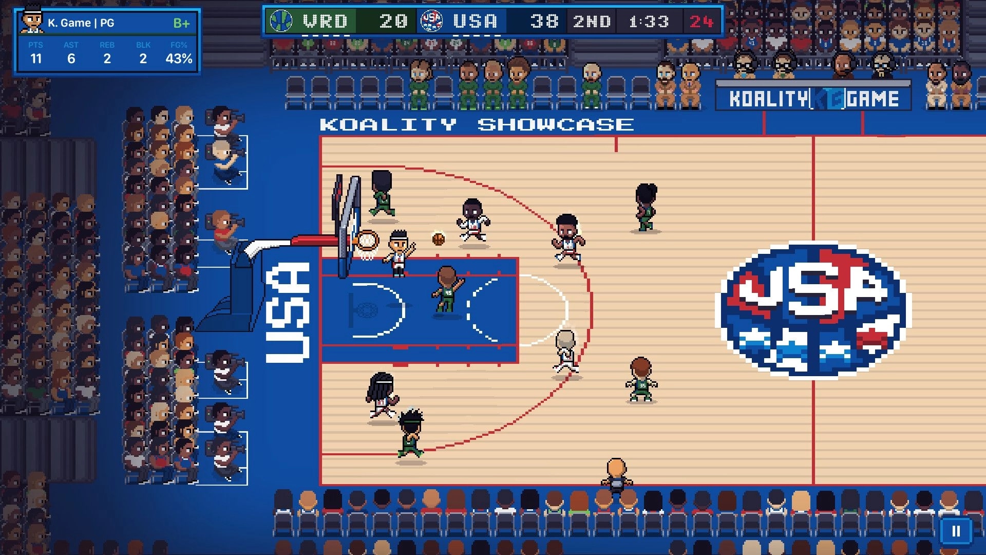 Hoop Land: Pixelated basketball court with players in action, scoreboard shows USA leading 38-20