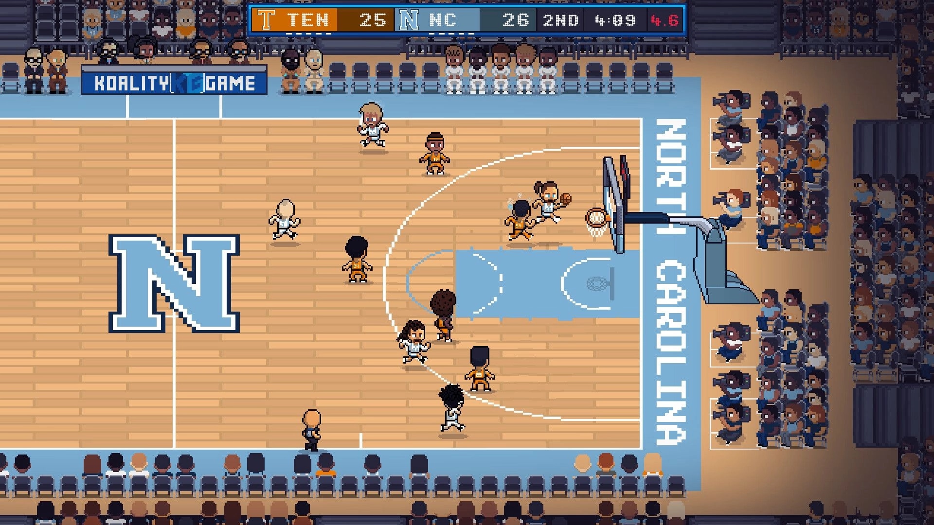 Hoop Land: Player attempts a layup in a retro-styled basketball court with scoreboard and audience visible.