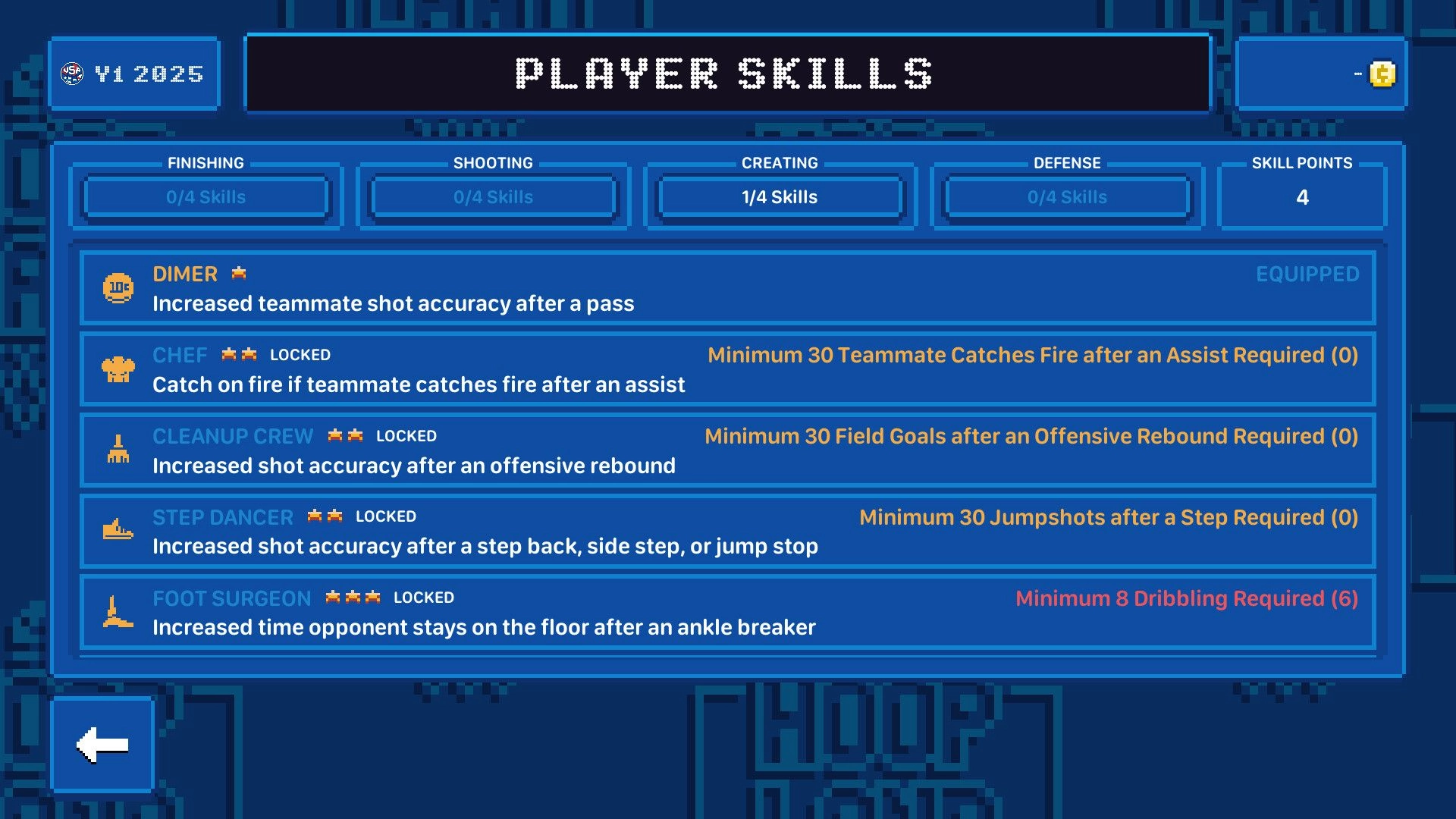 Hoop Land: Player skills menu showing skill categories and requirements in a retro-themed interface