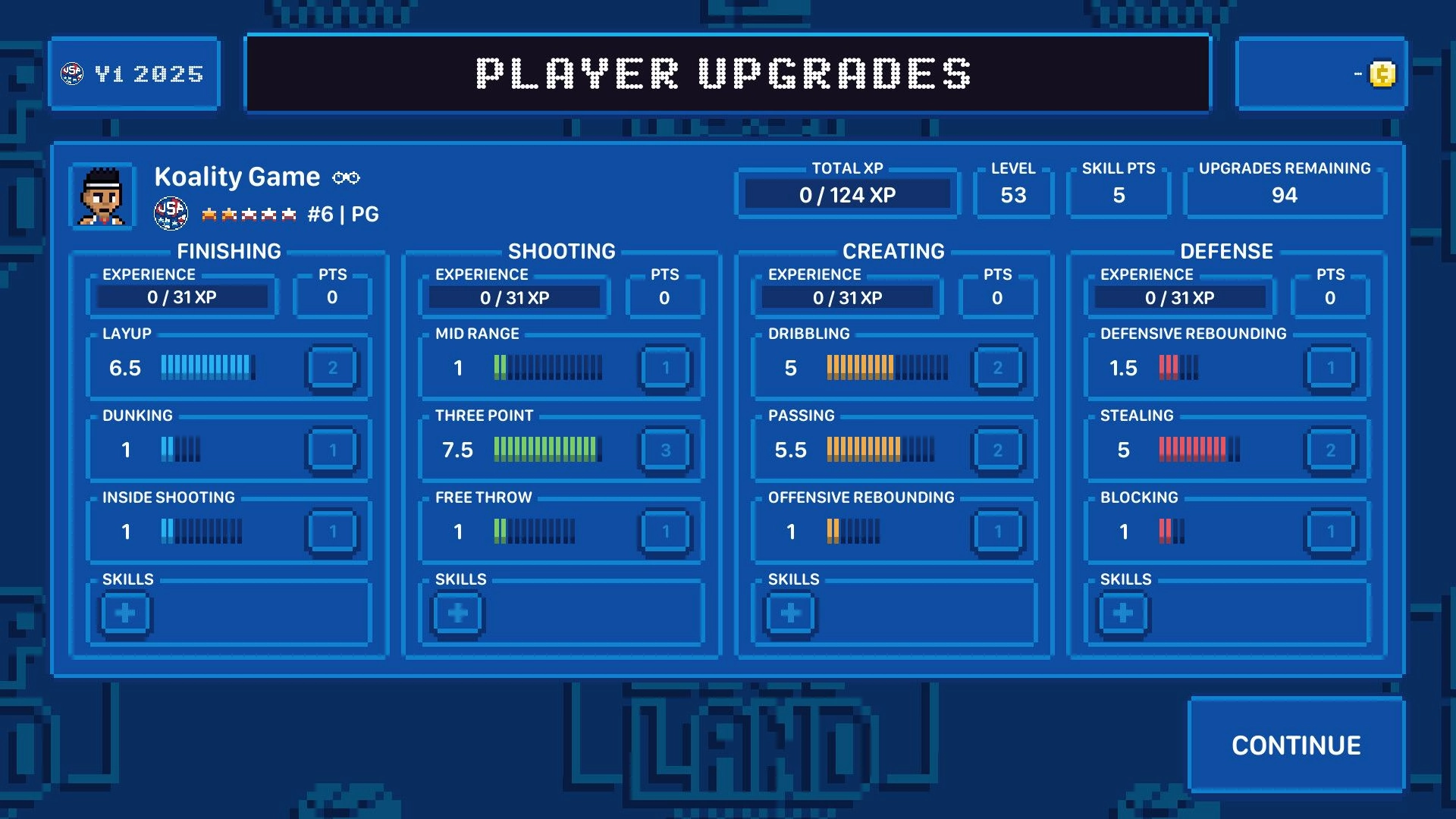 Hoop Land: Player upgrades menu with detailed stats and skills for character customization options