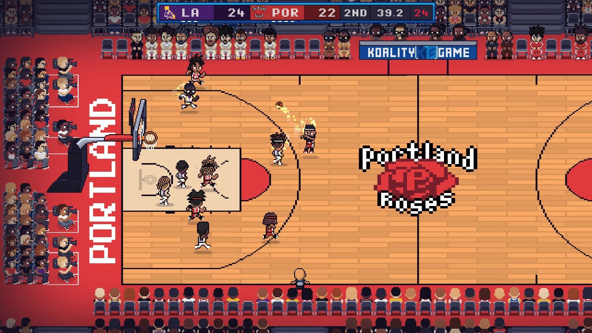 Hoop Land: Player shooting flaming basketball on court, Portland Roses logo and scoreboard visible