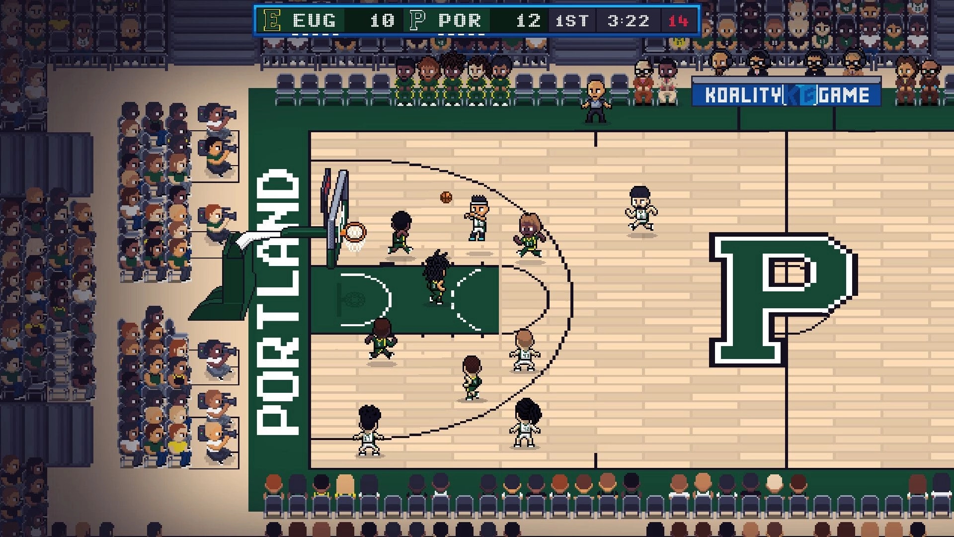 Hoop Land: Pixelated basketball match with players on court and crowd in Portland arena