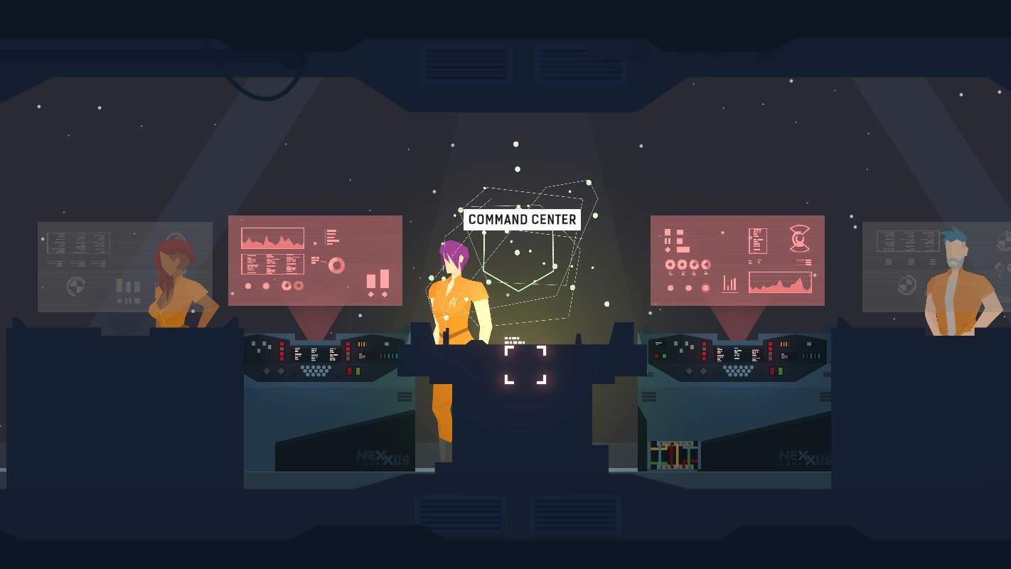 Hope: Command center with crew members at control panels in a spaceship navigating through space