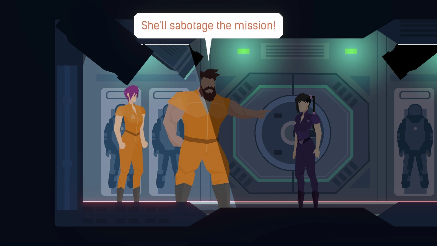 Hope: Crew confronts woman in purple uniform inside spaceship corridor with tense atmosphere