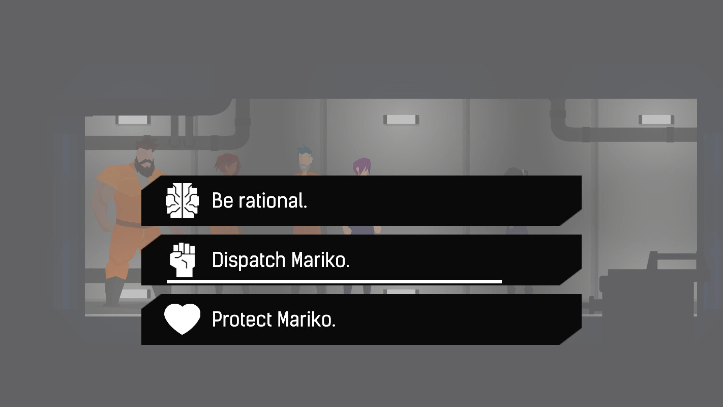 Hope: Player faces choice with options to be rational, dispatch, or protect Mariko aboard spaceship.