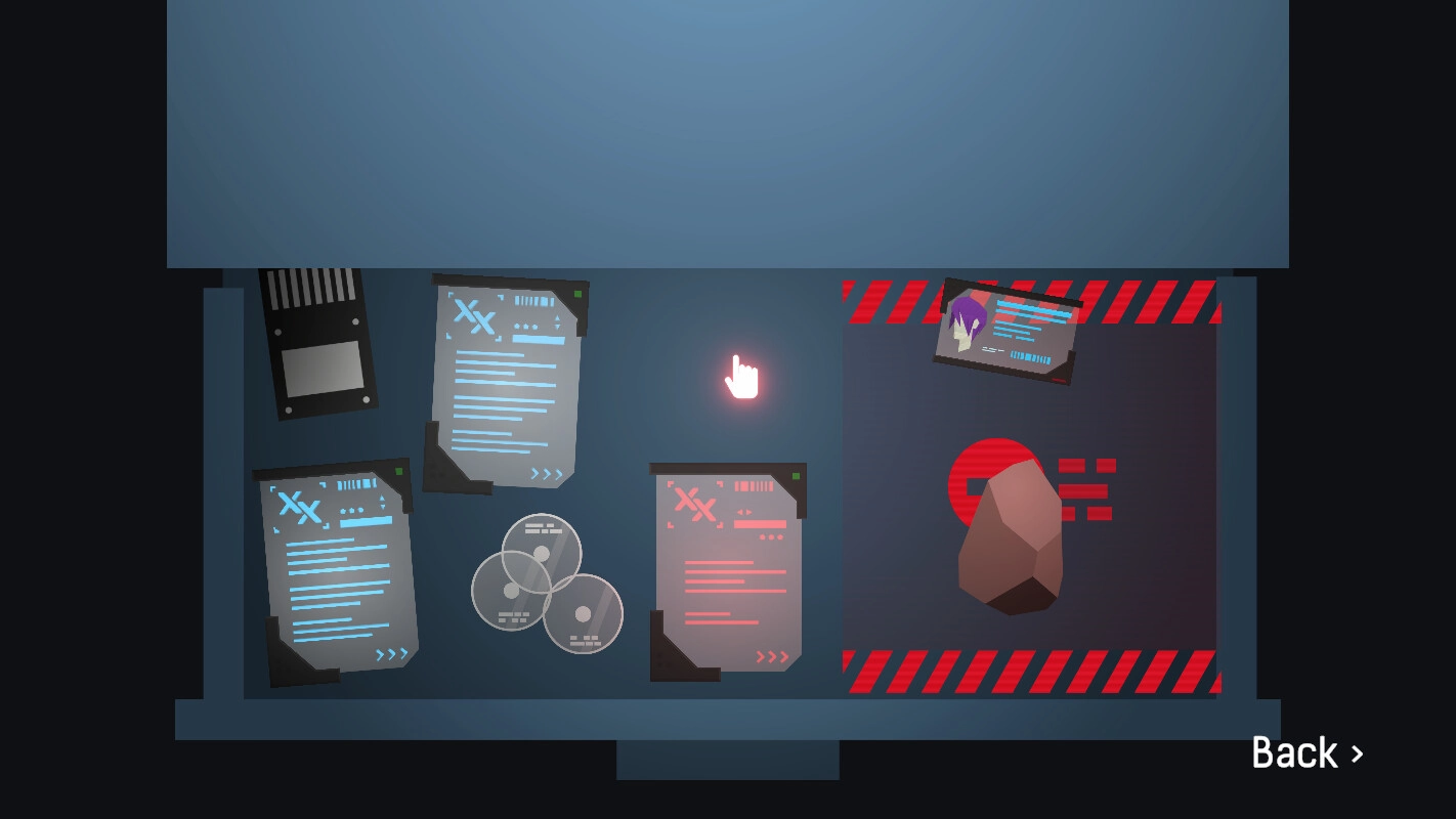 Hope: Investigating documents and data discs in spaceship drawer interface