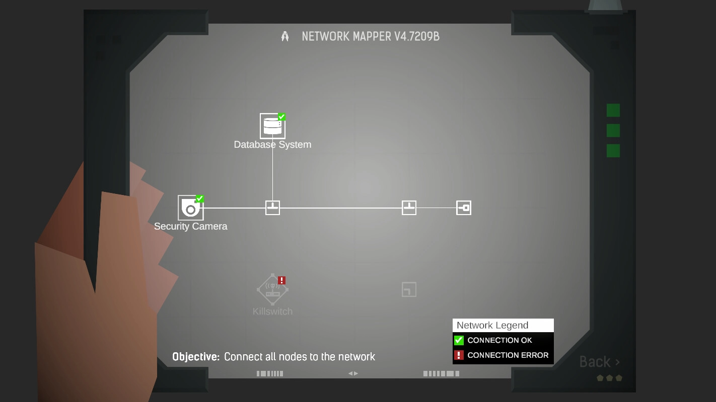 Hope: Network mapper screen showing connections between database system and security camera