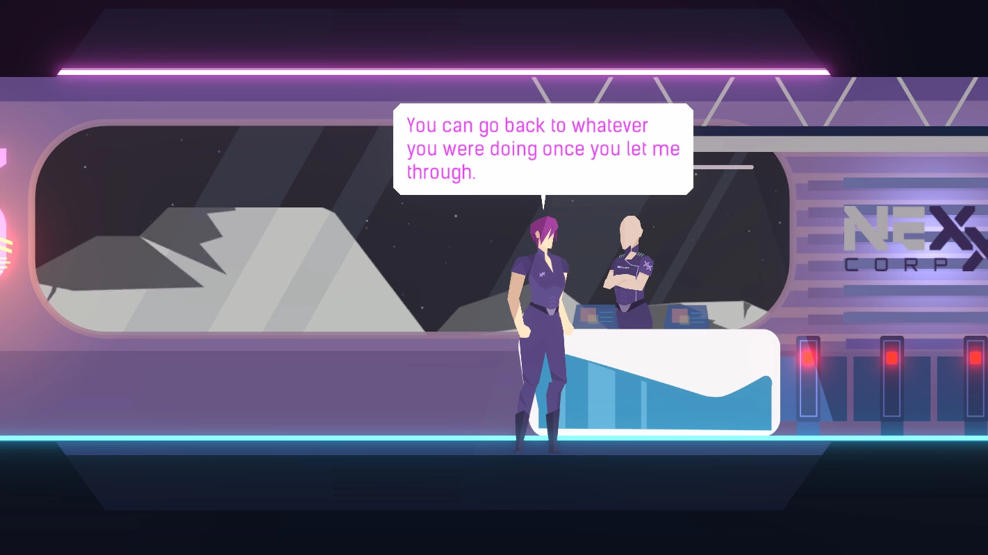 Hope: Character dialogue at futuristic space station interior with purple neon lights and NEX Corp logo