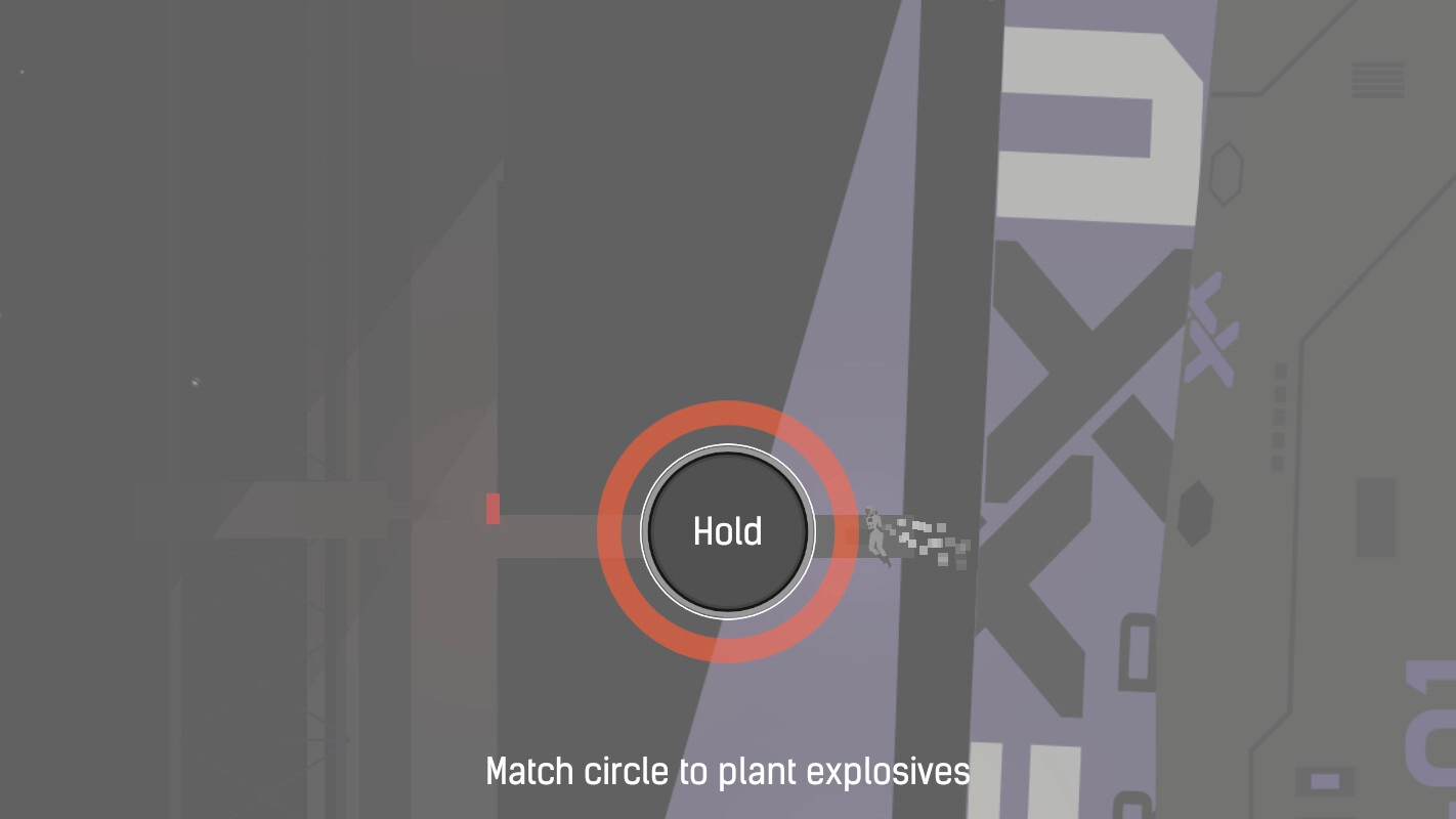 Hope: Player matches circle to plant explosives in a futuristic spaceship environment.