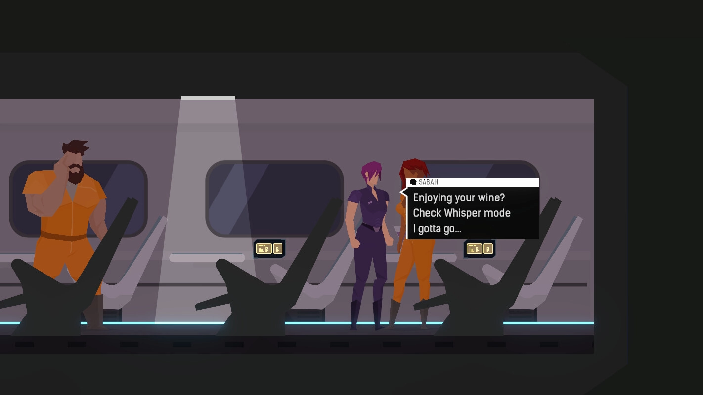 Hope: Characters converse in spaceship hallway with dialogue box and futuristic seating visible
