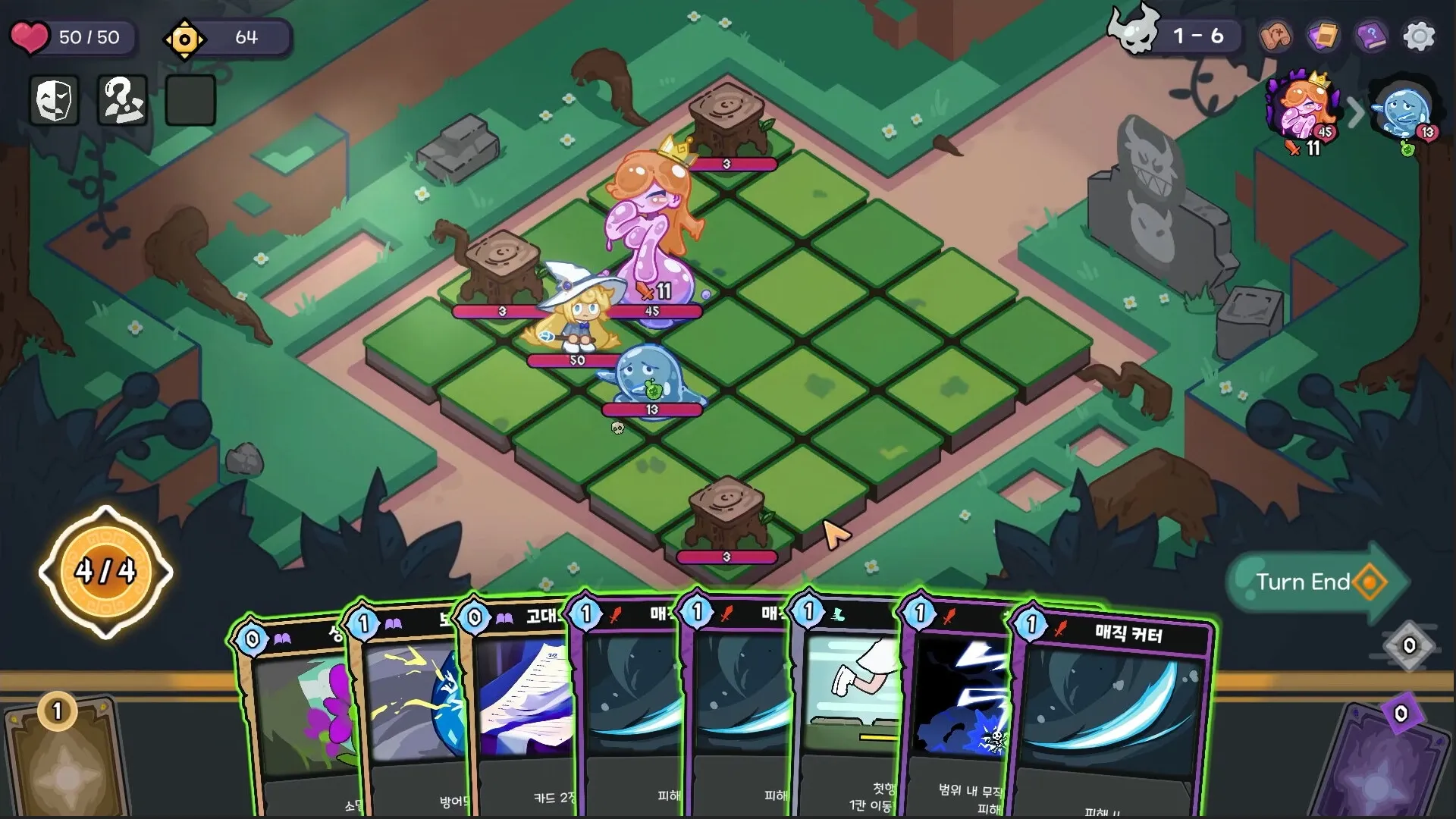 Hope & Elpis: Combat with magical girl and allies on grid, card deck open in forest environment