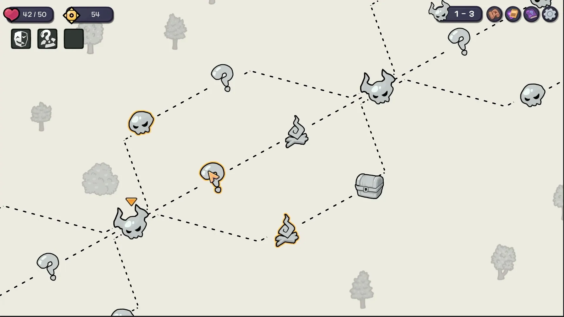 Hope & Elpis: Map with branching paths, icons for battles, events, and a treasure chest in forest setting