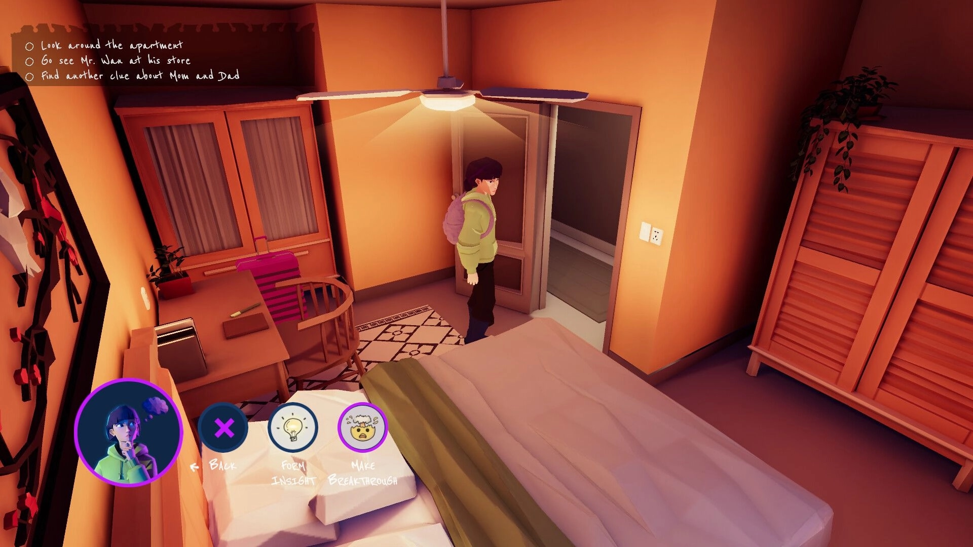 Hope in the City: Hope stands by an open door in her bedroom, with objective list and insight UI icons.