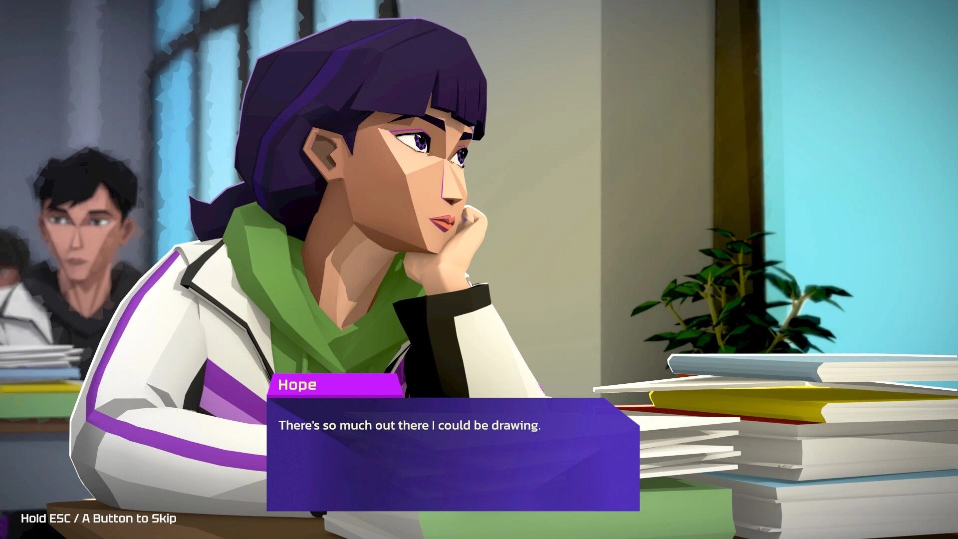 Hope in the City: Hope daydreams in dialogue scene at school desk beside stacked books and plant.