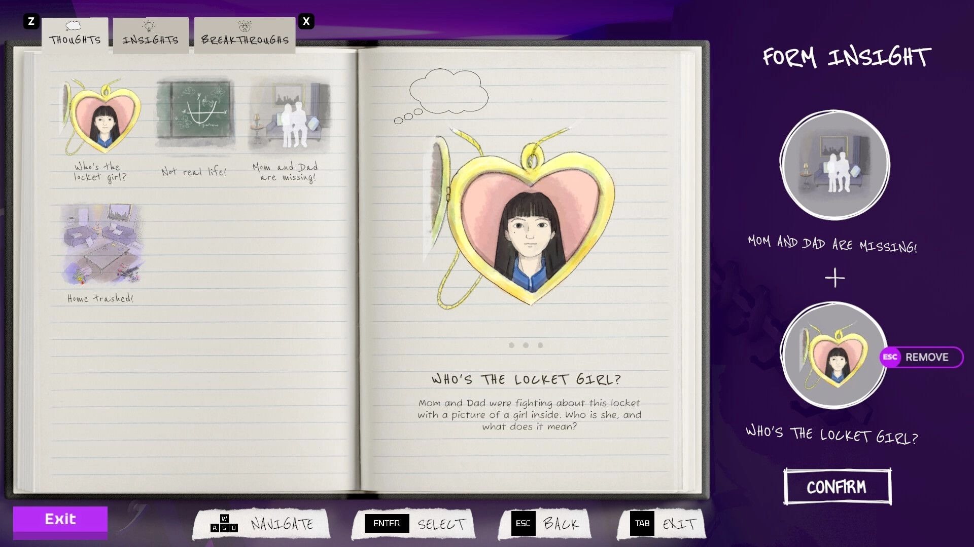 Hope in the City: Insight journal UI combining clues about missing parents and a locket girl on notebook pages.