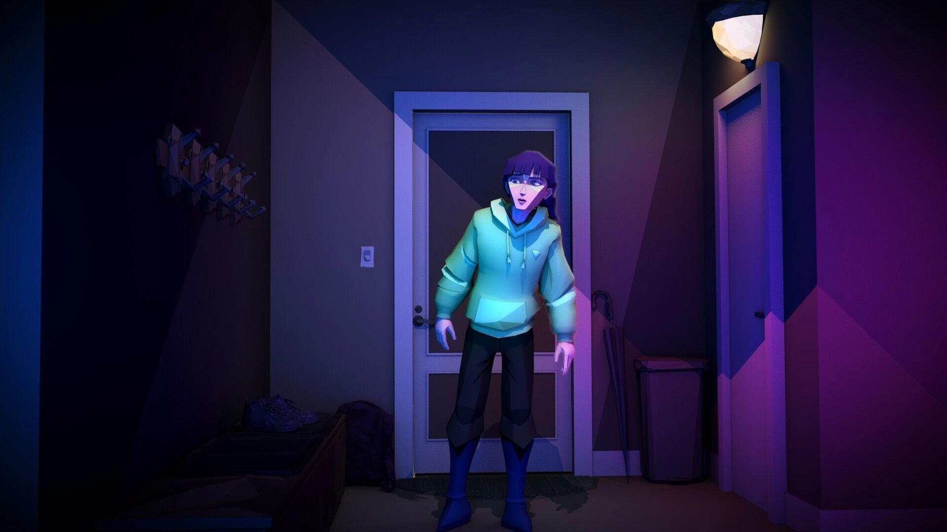 Hope in the City: Hope stands in a dim apartment entryway by the door, lit by purple lamp glow.