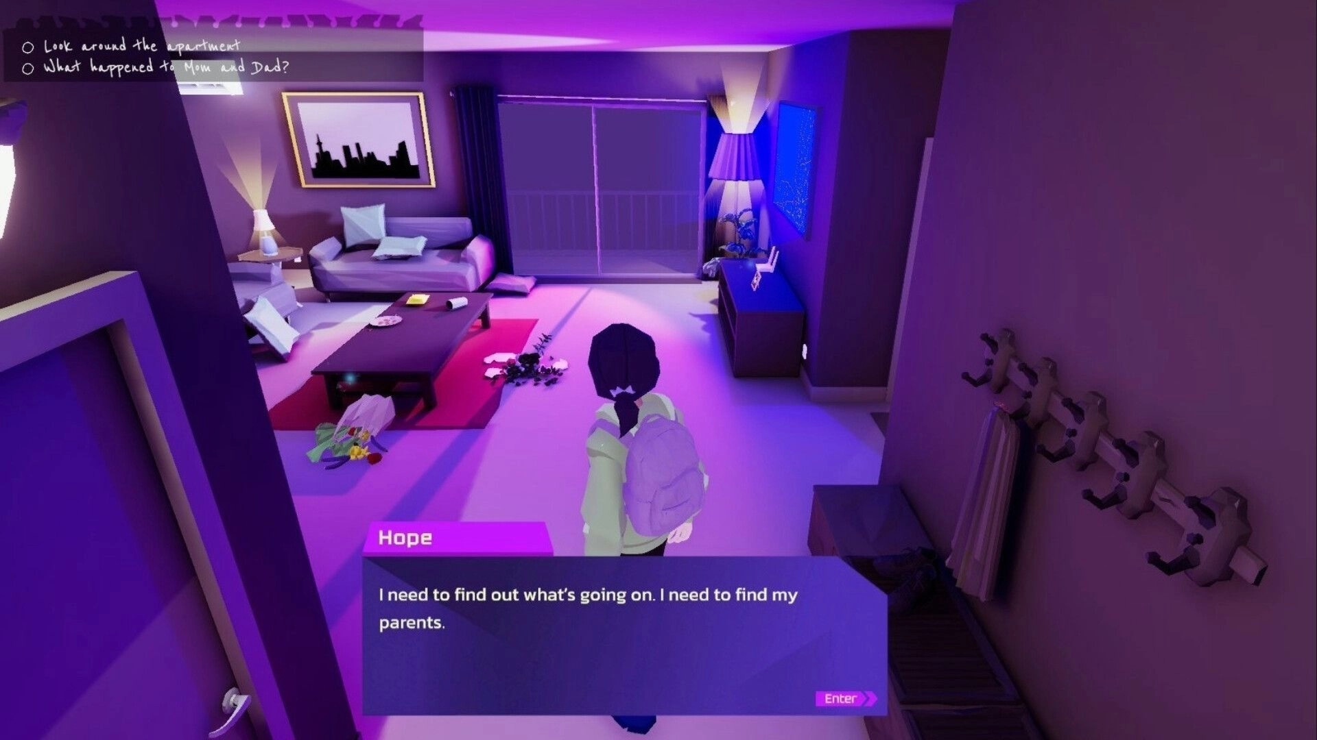 Hope in the City: Hope explores a messy apartment living room with quest list and dialogue box UI.