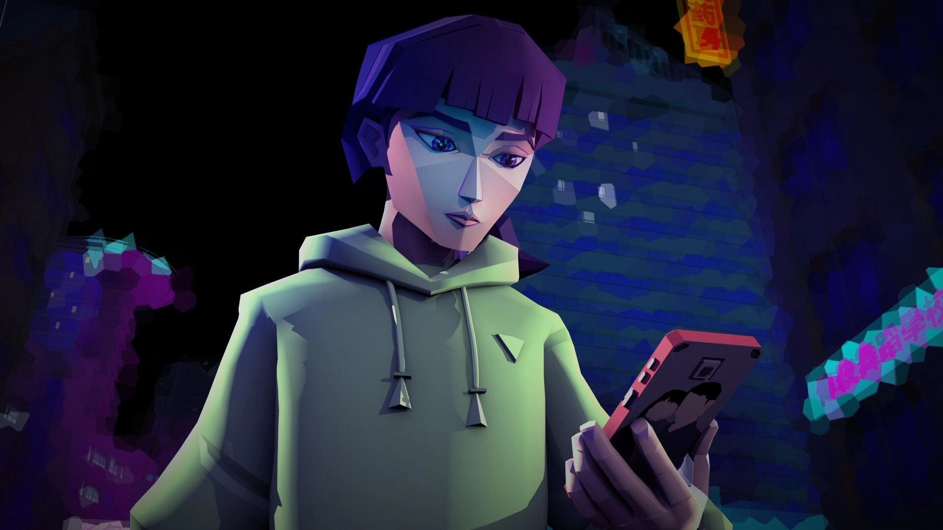 Hope in the City: Hope checks her phone under neon signs in a dark alley with tall buildings above.