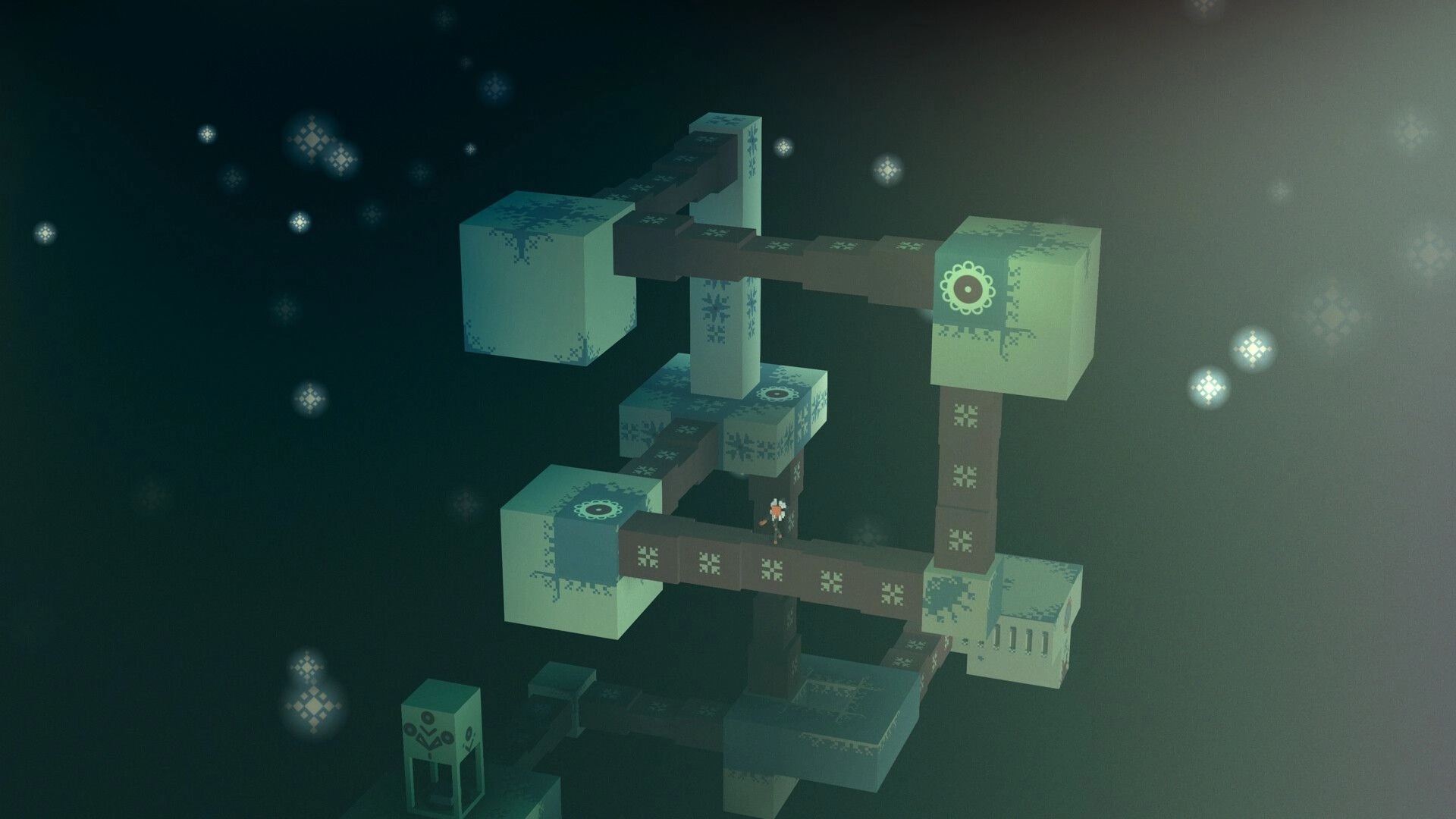 Hope Timbre: Mysterious creature navigates floating puzzle blocks in a dark, ethereal environment