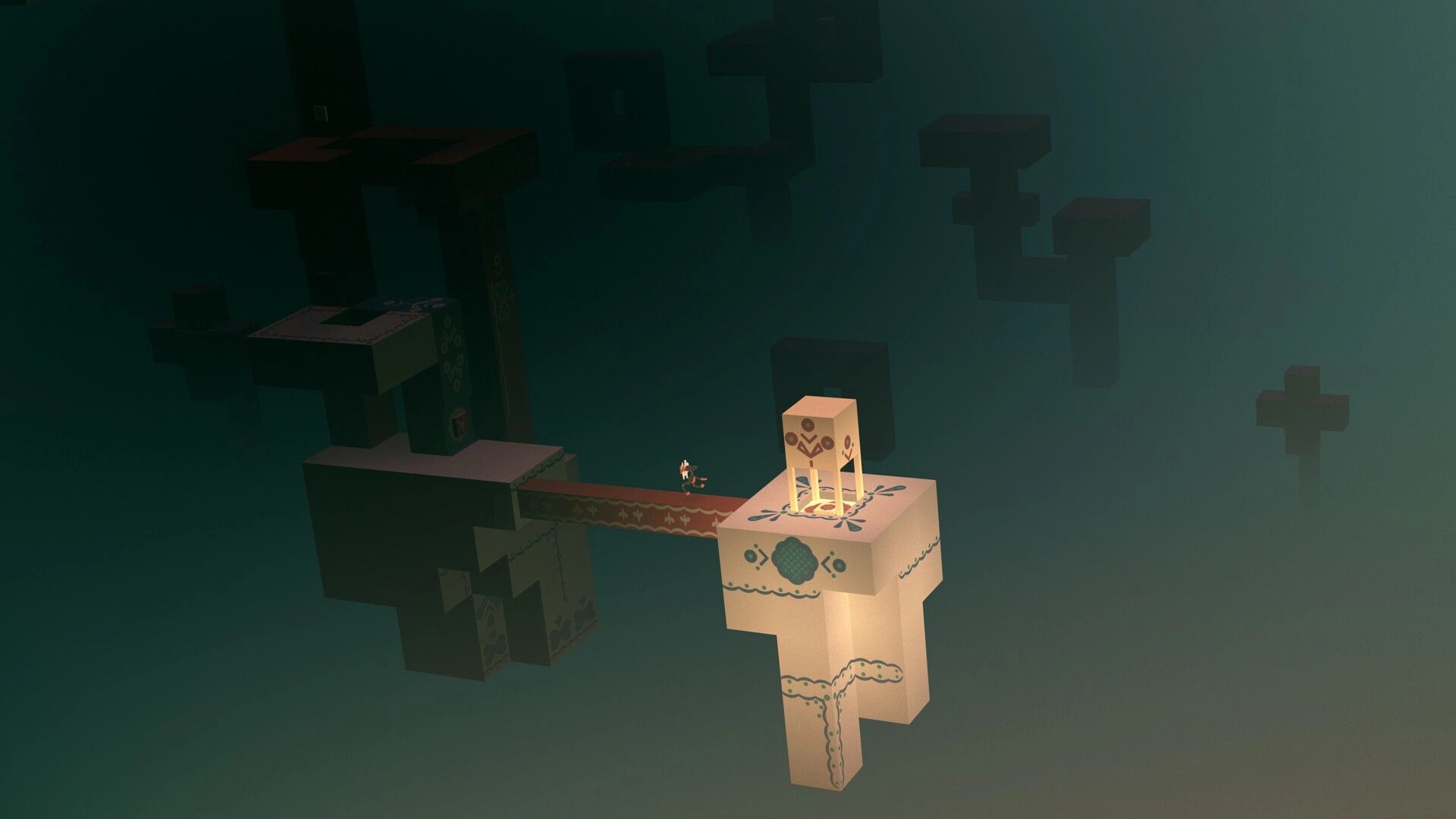 Hope Timbre: Small character traverses glowing platform in dark, abstract realm with floating blocks